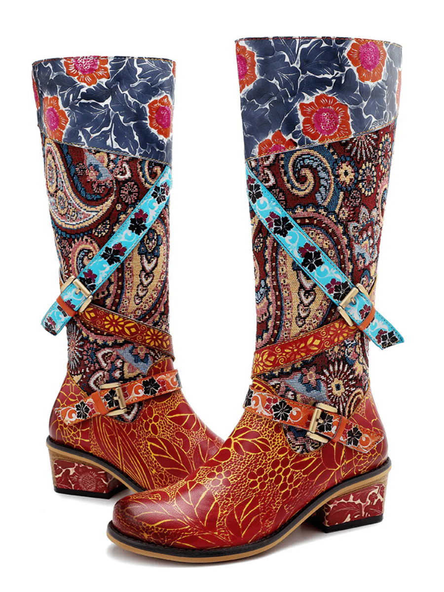 Soffia | Floral Tie-Accent Leather Vintage Knee High Boots - Image 8