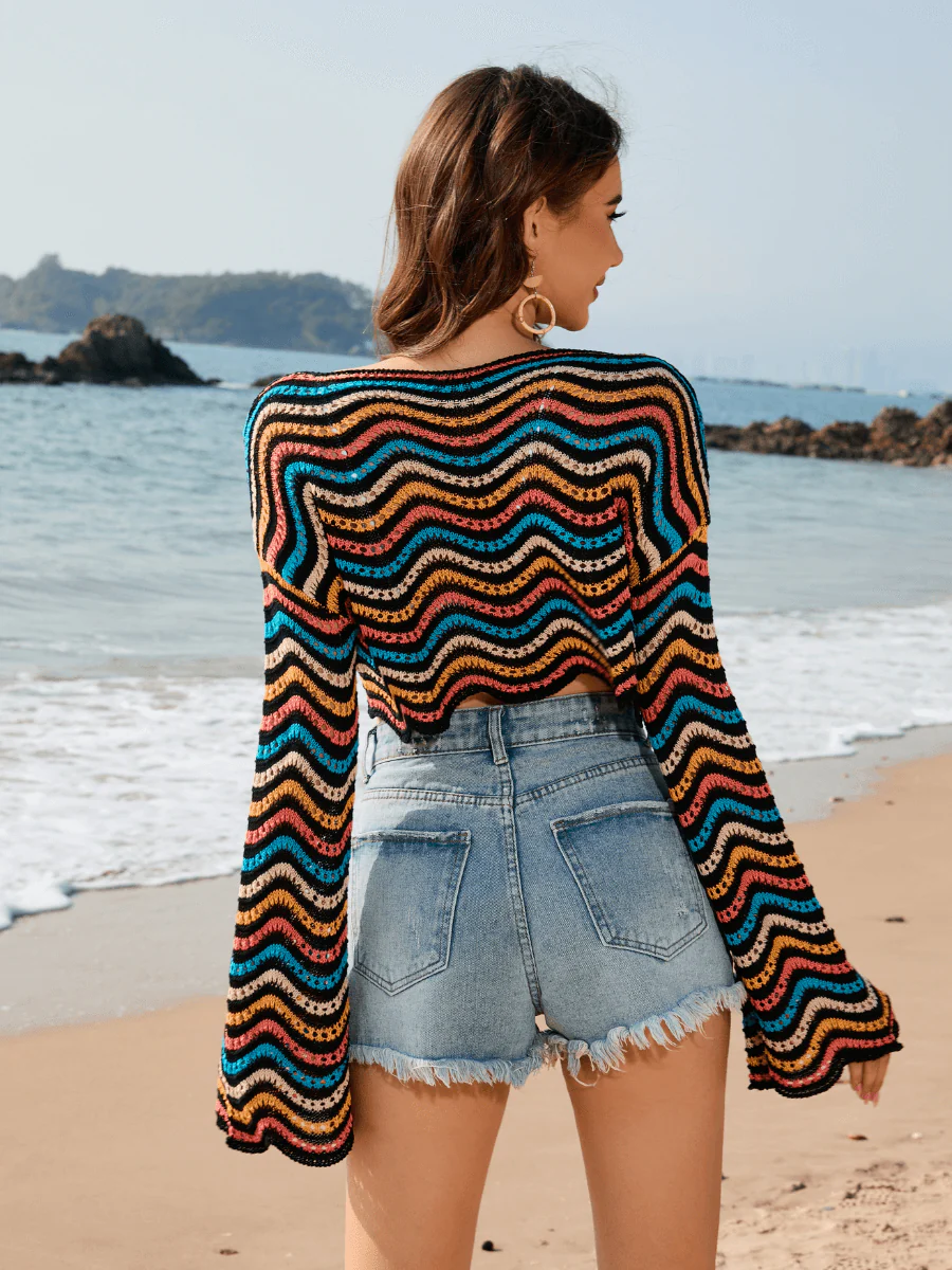 Appreciate You Crochet Striped Scalloped Hem Crop Top - Black - Image 4