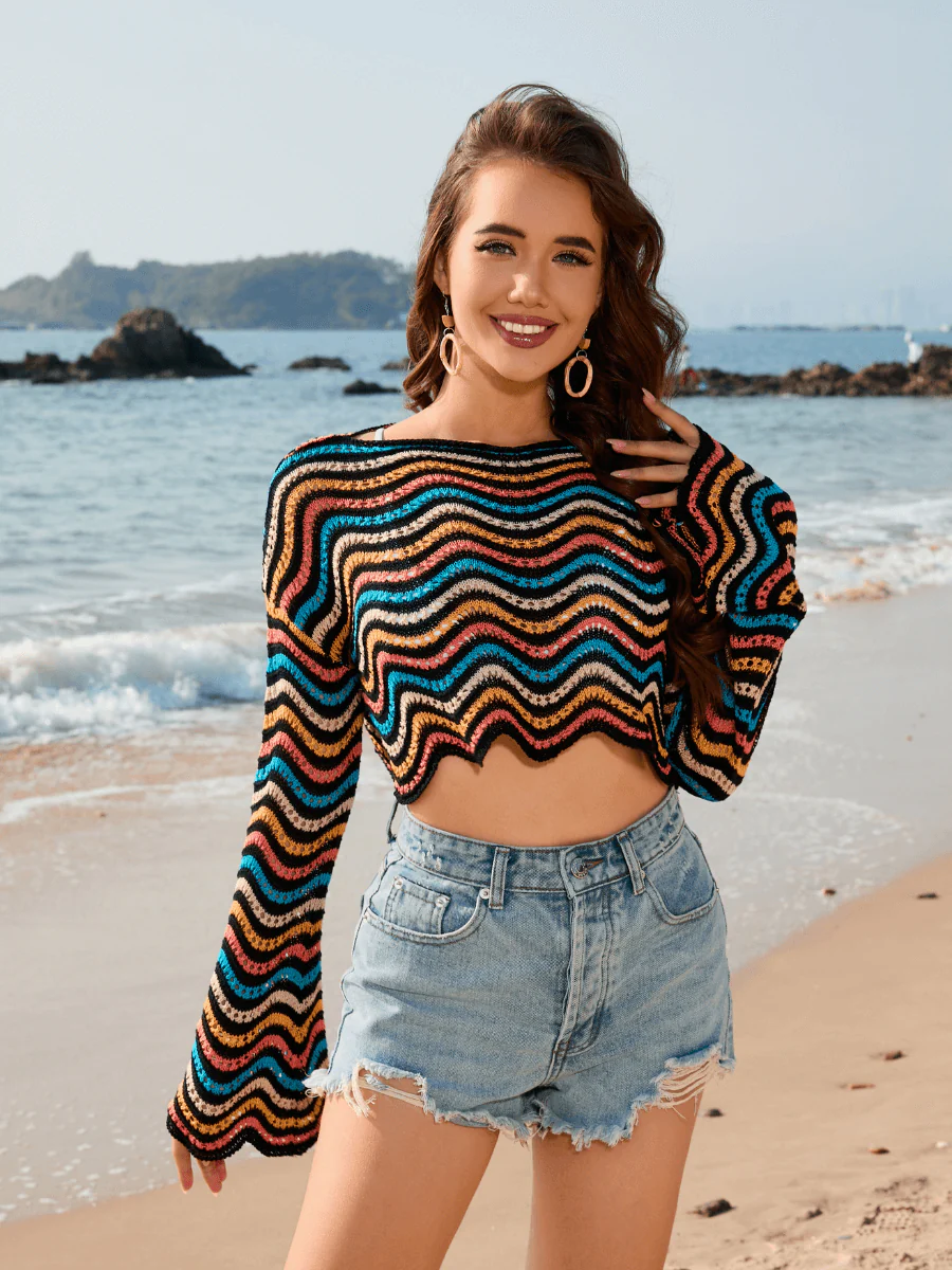 Appreciate You Crochet Striped Scalloped Hem Crop Top - Black - Image 6