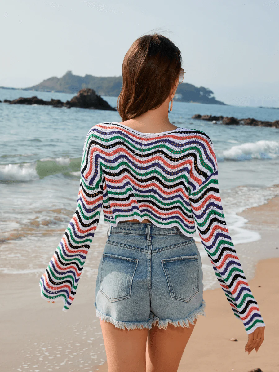 Appreciate You Crochet Striped Scalloped Hem Crop Top - Multi - Image 4