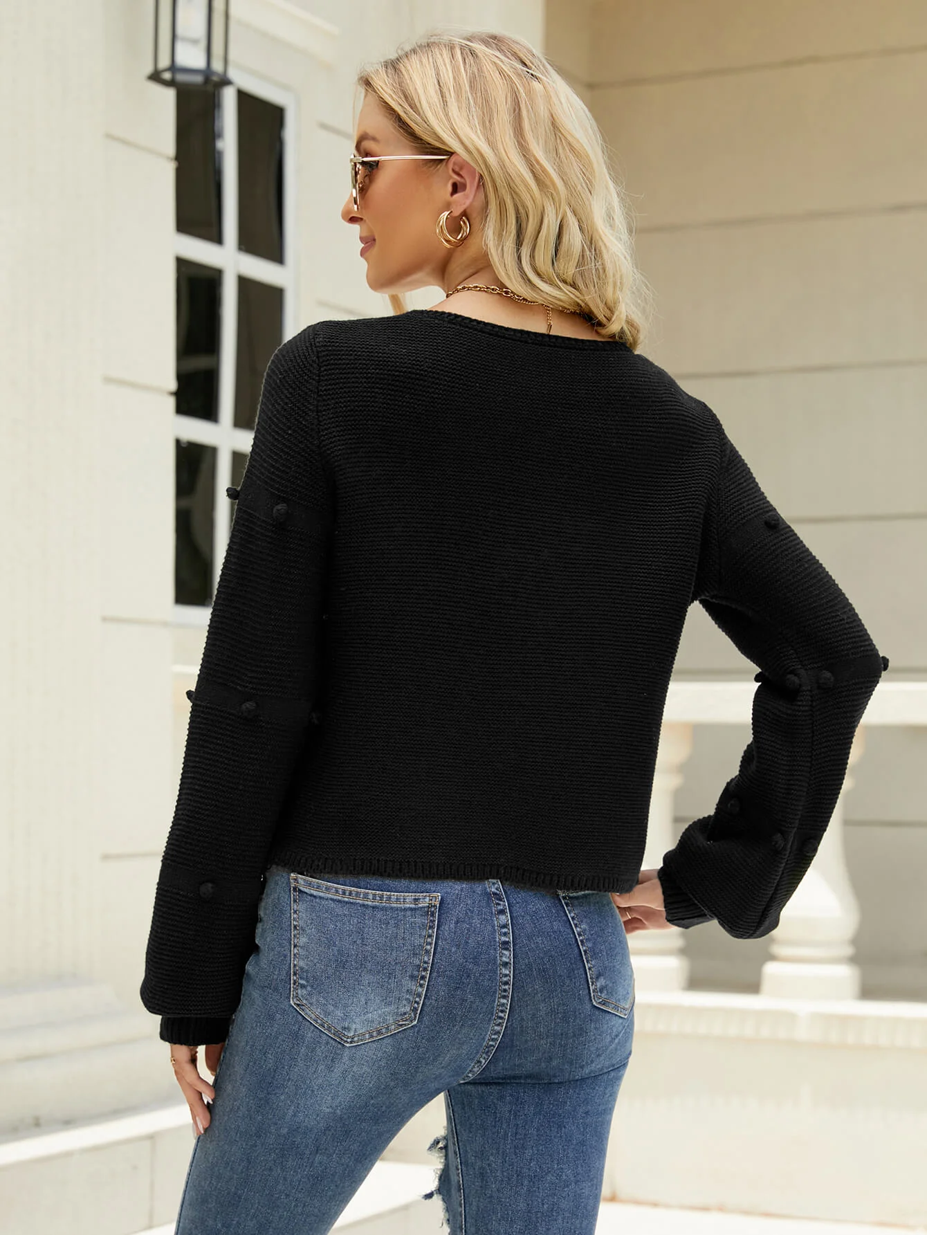 ARIANA POP POM KNIT SWEATER - BLACK - Image 6