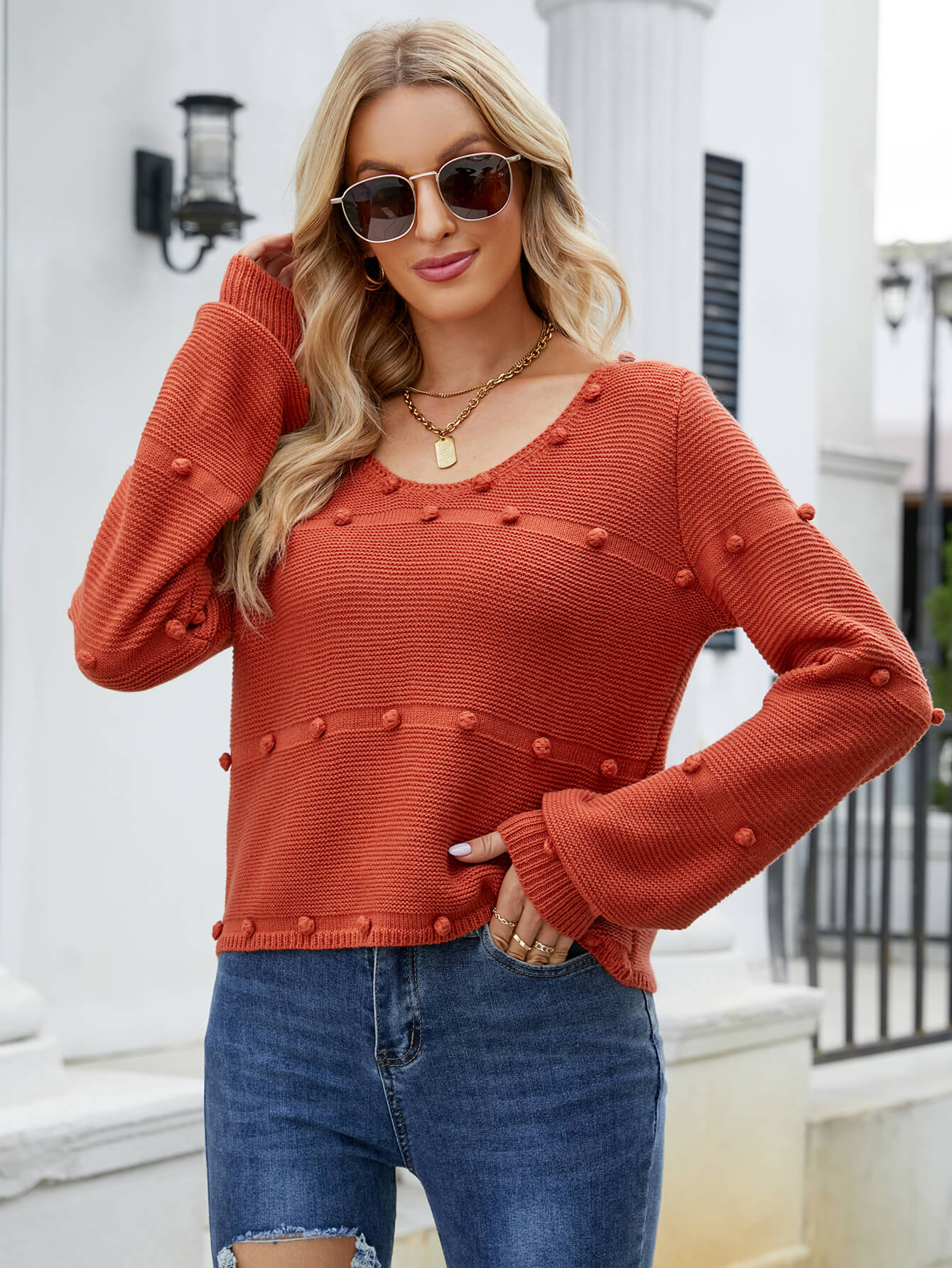 ARIANA POP POM KNIT SWEATER - RUST - Image 3