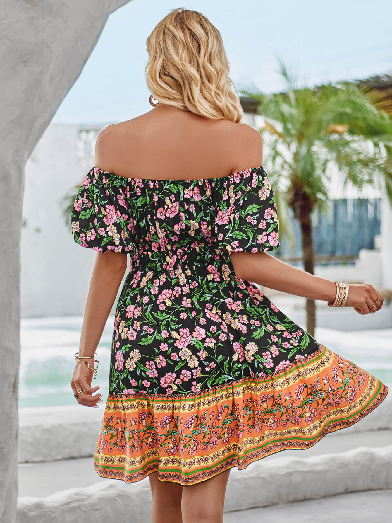 Ashlyn Off-Shoulder Boho Mini Dress - Black - Image 4