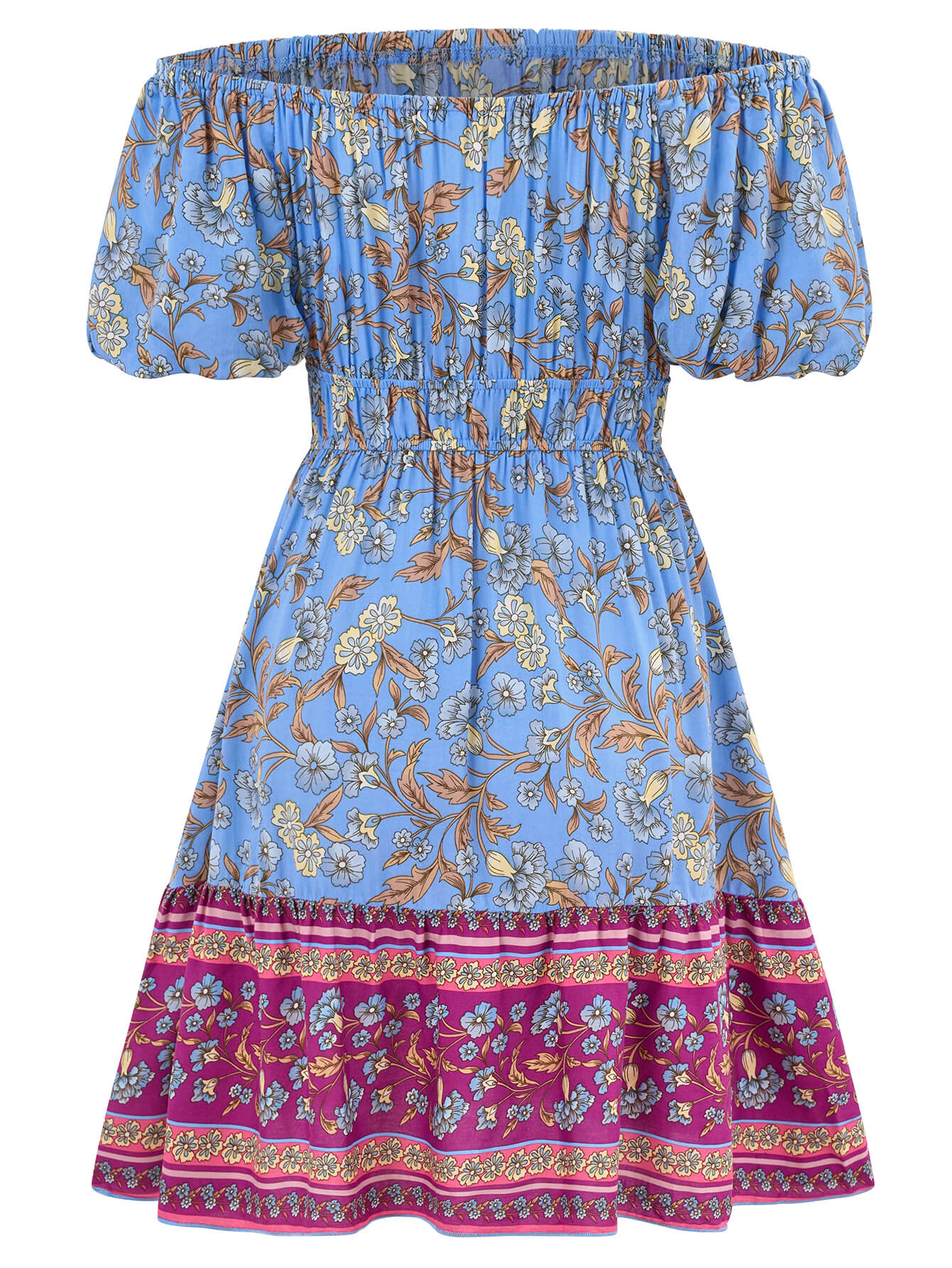 Ashlyn Off-Shoulder Boho Mini Dress - Blue - Image 8