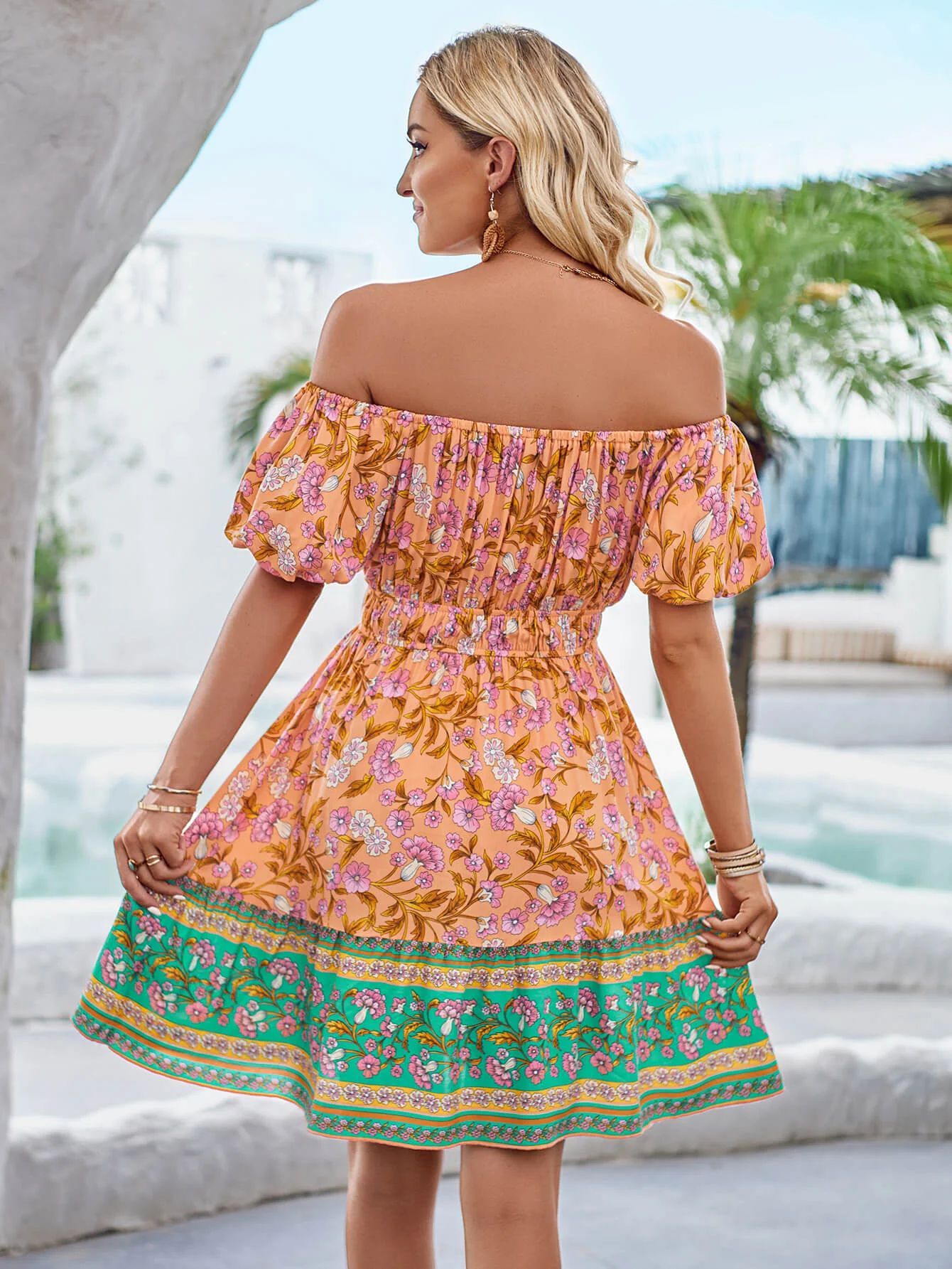 Ashlyn Off-Shoulder Boho Mini Dress - Orange - Image 4
