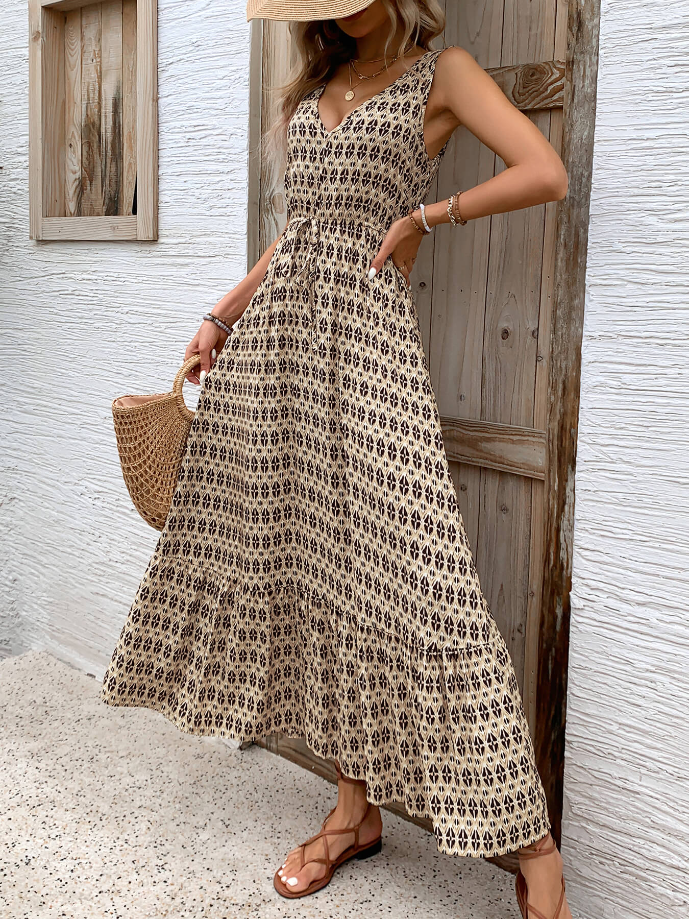 Ashlyn V-Neck Tiered Maxi Dress - Beige - Image 3