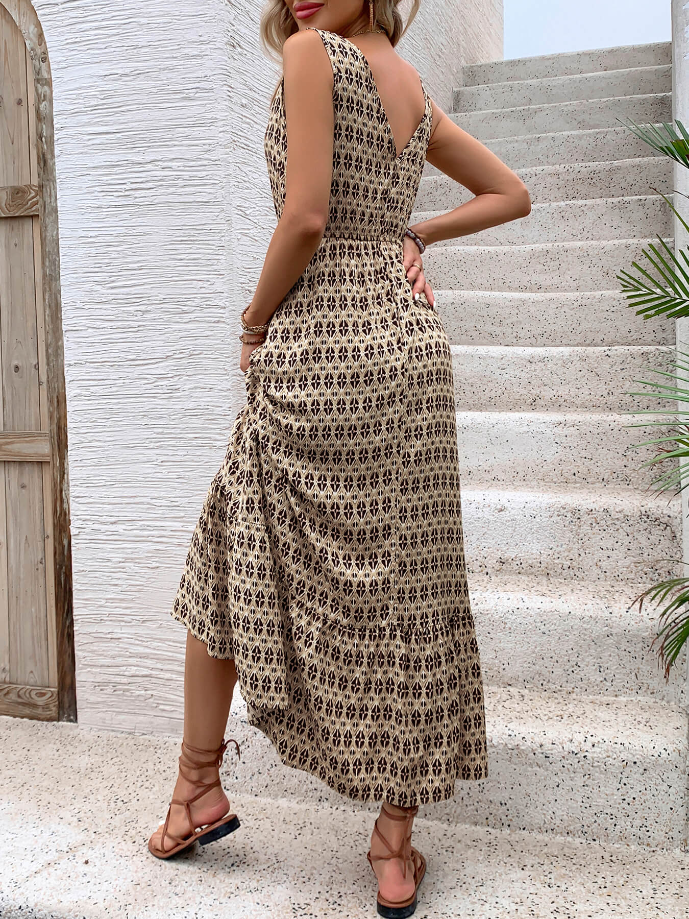 Ashlyn V-Neck Tiered Maxi Dress - Beige - Image 5
