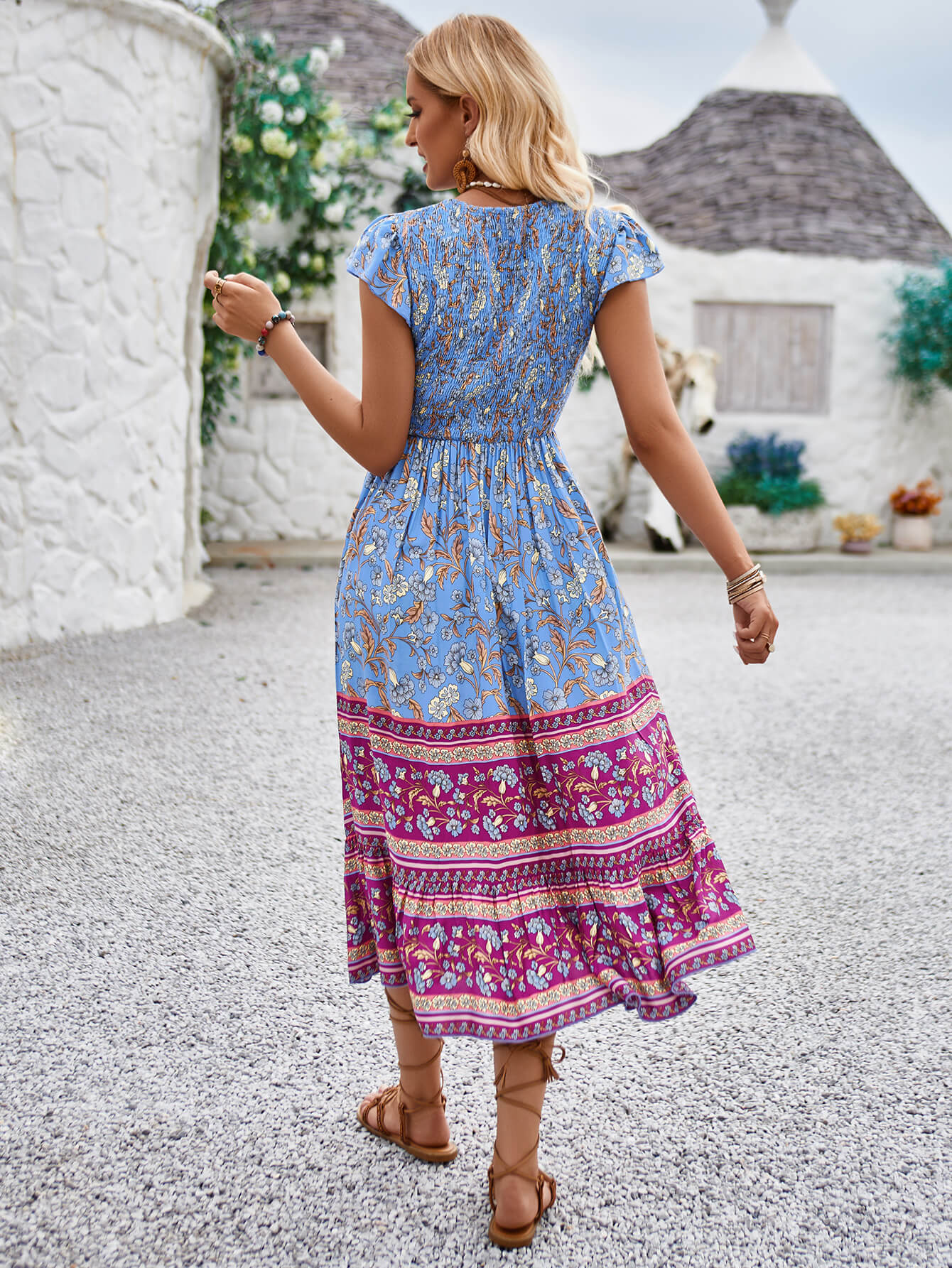 Ashlyn V-Neck Tiered Midi Dress - Blue - Image 3