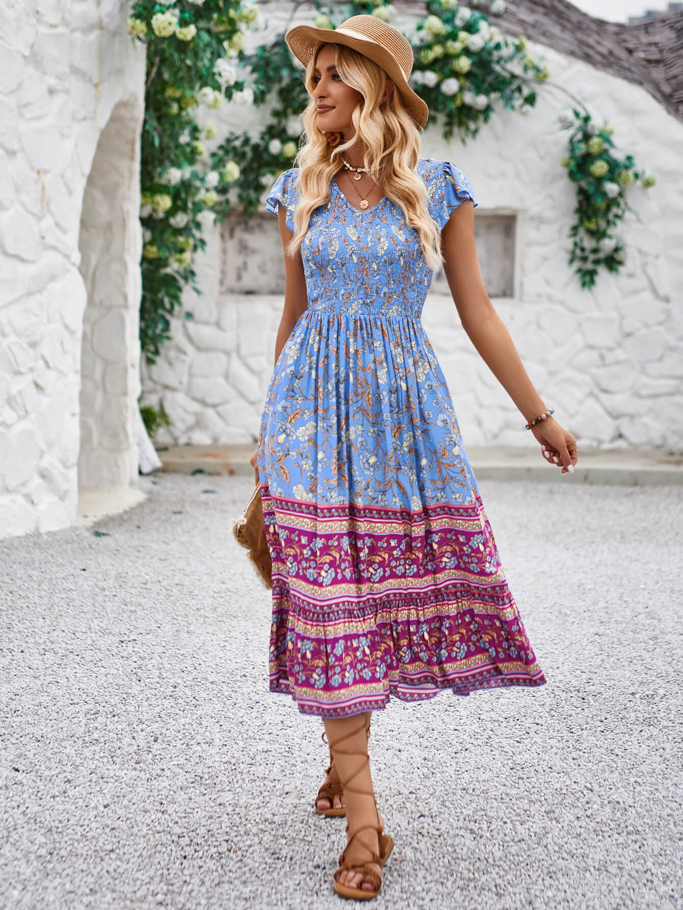 Ashlyn V-Neck Tiered Midi Dress - Blue - Image 5