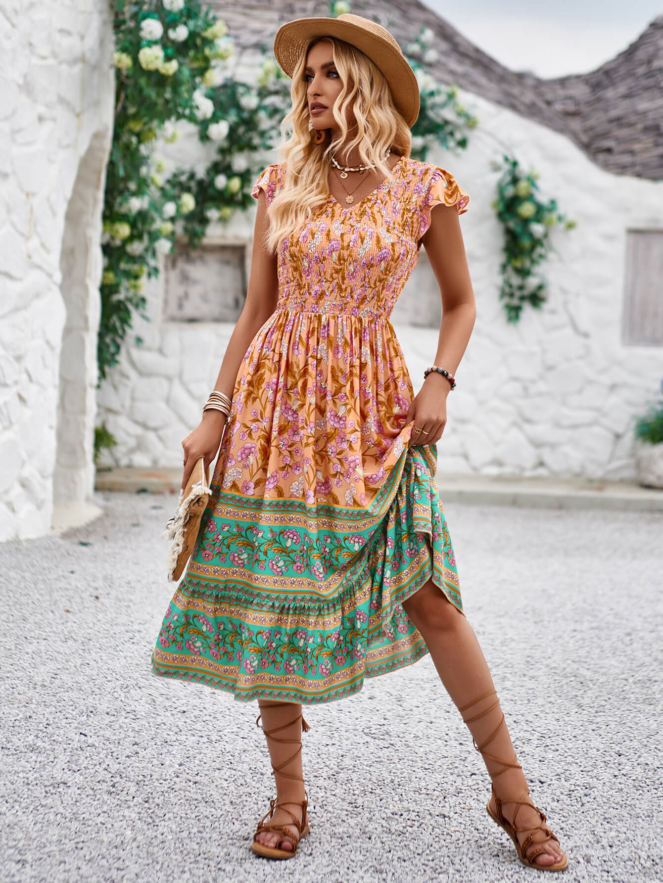 Ashlyn V-Neck Tiered Midi Dress - Orange - Image 2