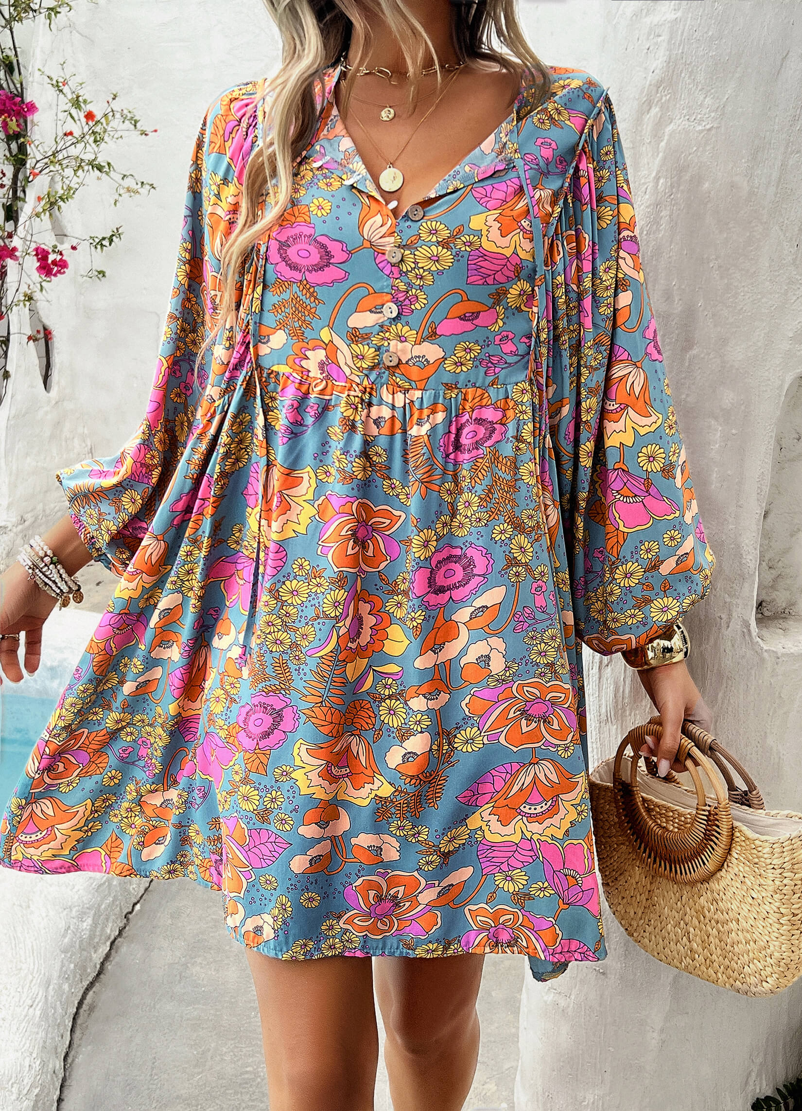 Athena Floral Boho Mini Dress - Blue - Image 3