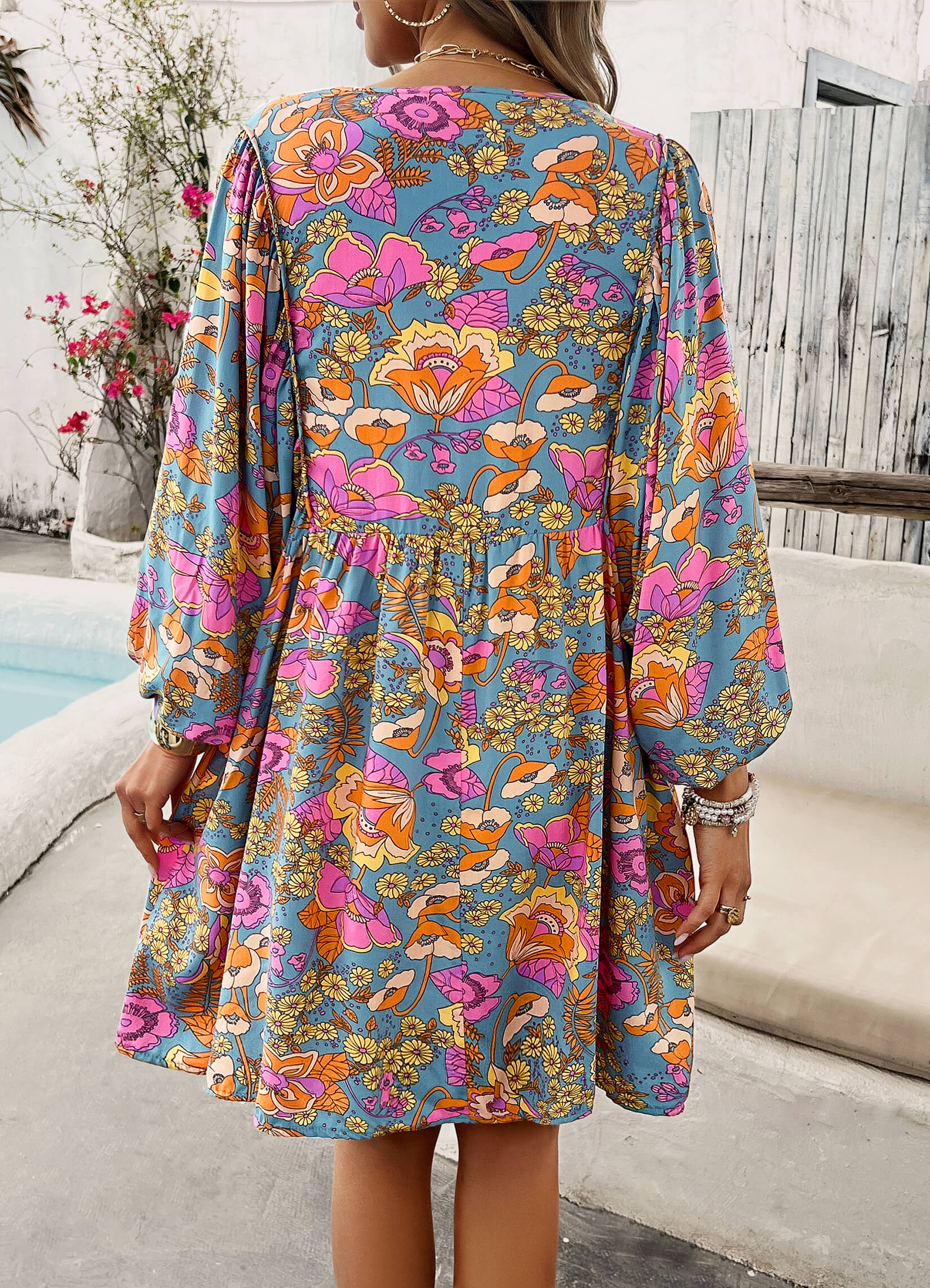 Athena Floral Boho Mini Dress - Blue - Image 4