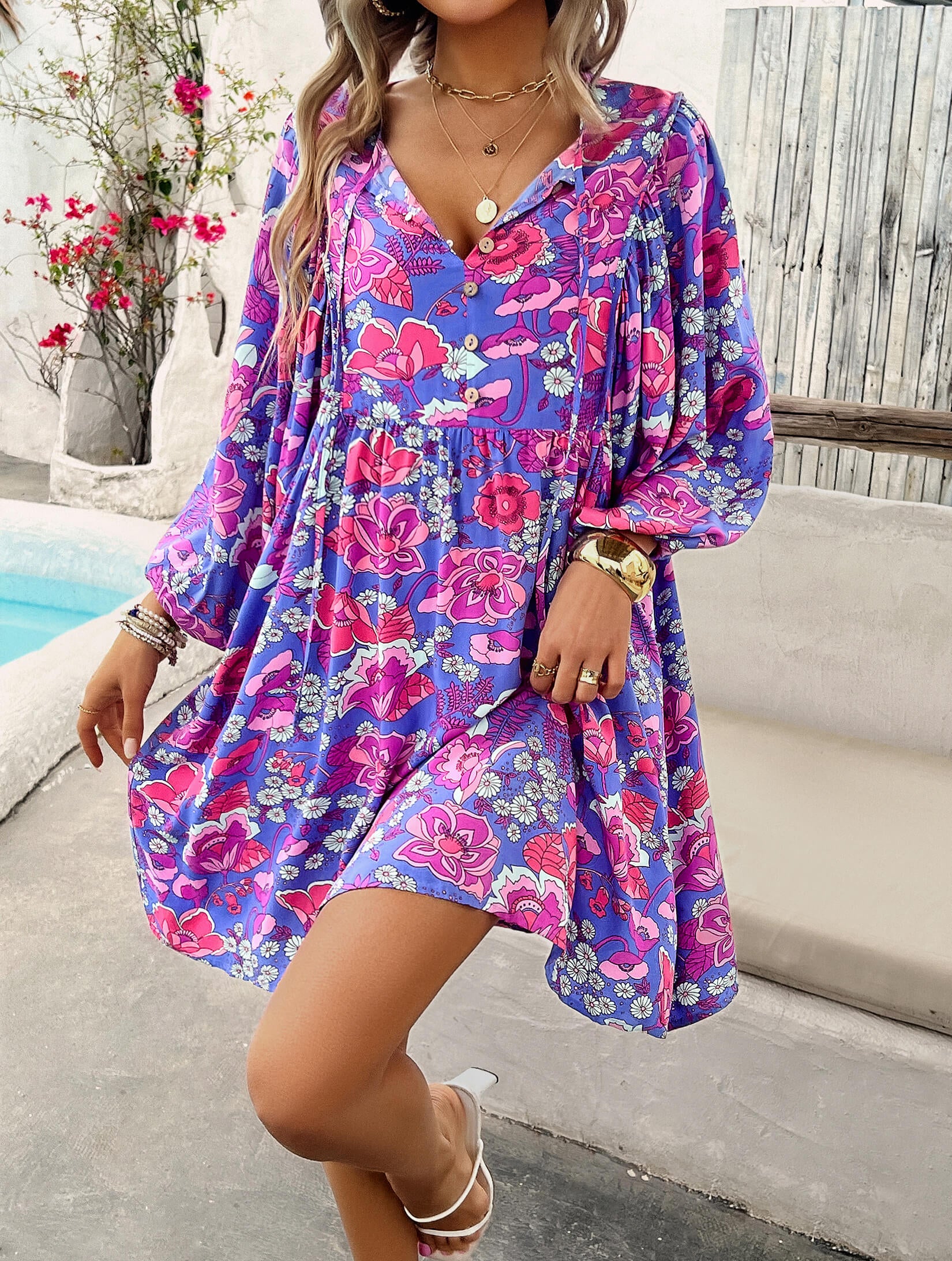 Athena Floral Boho Mini Dress - Purple - Image 2