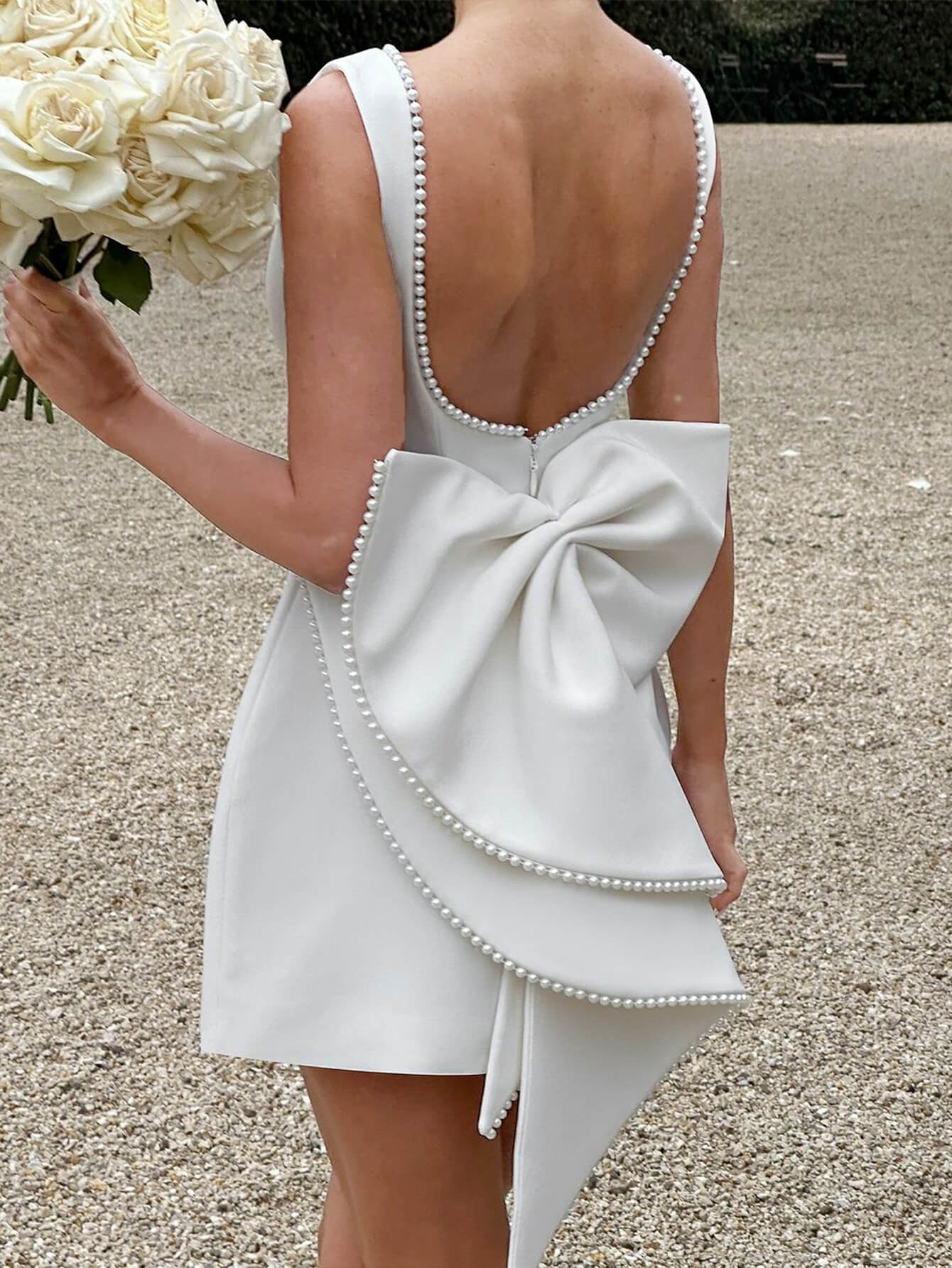 Attention Getter Pearl Embellished Bow Mini Bridal Dress - Image 3