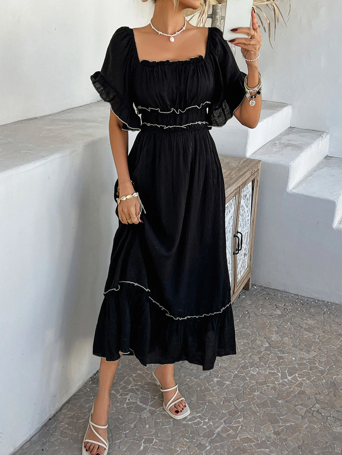 Aubrianna Ruched Contrast Trim Maxi Dress - black - Image 6