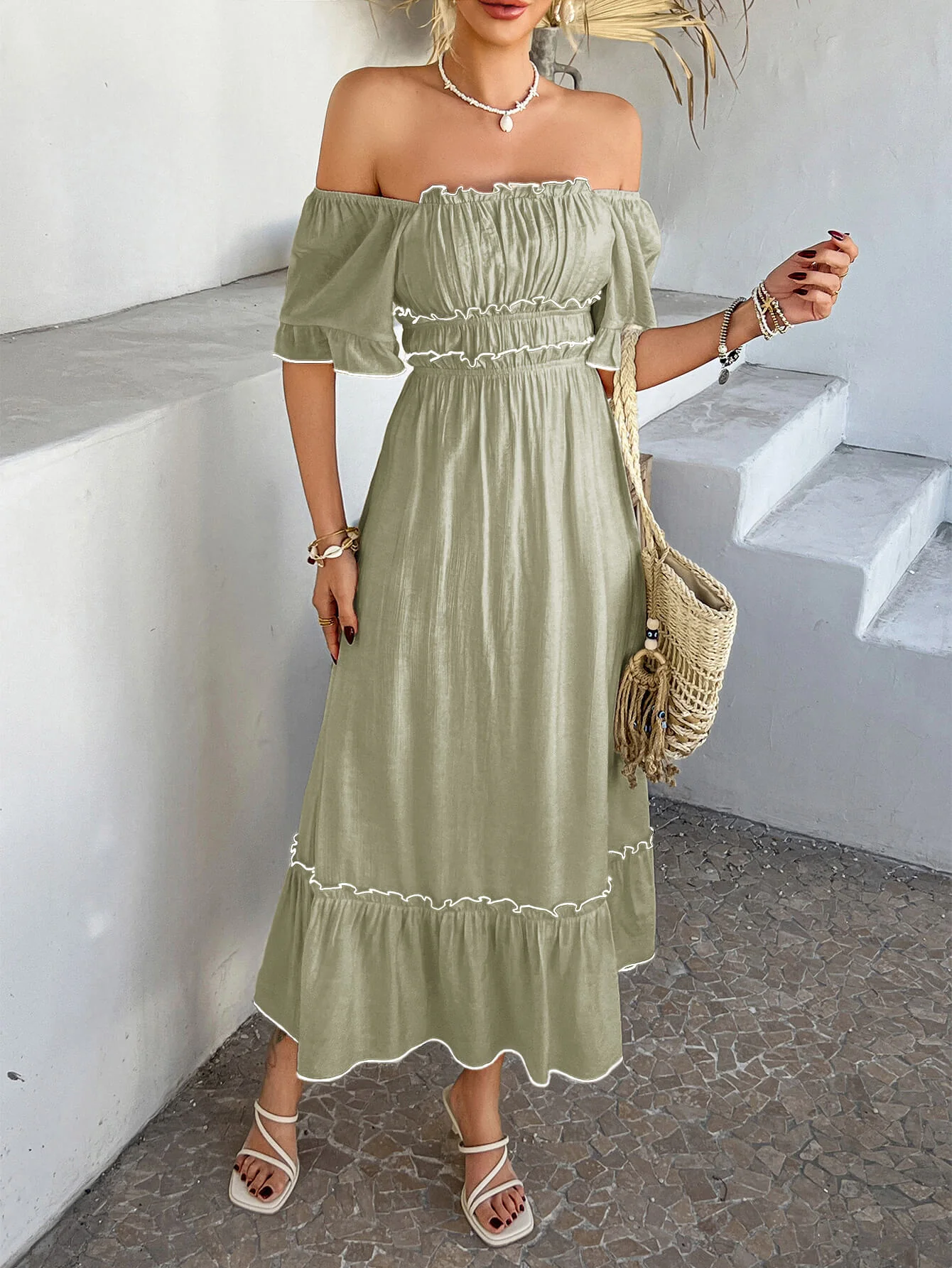 Aubrianna Ruched Contrast Trim Maxi Dress - sage - Image 3