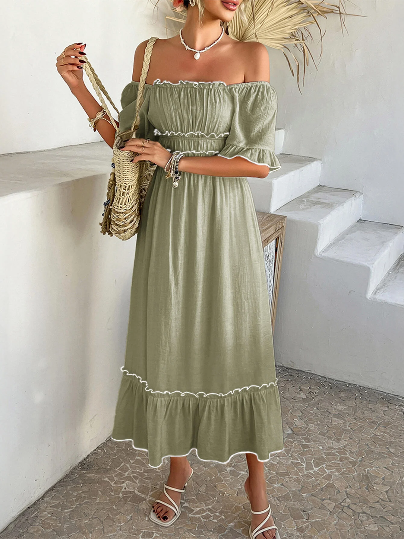 Aubrianna Ruched Contrast Trim Maxi Dress - sage - Image 4