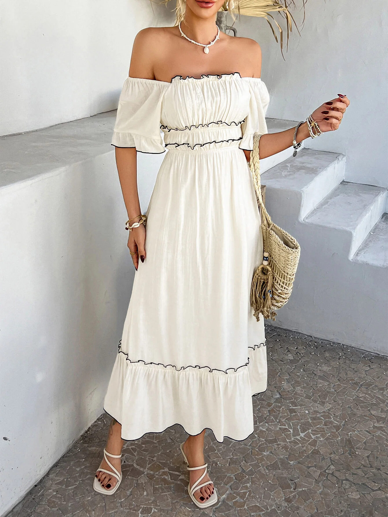 Aubrianna Ruched Contrast Trim Maxi Dress - white - Image 5