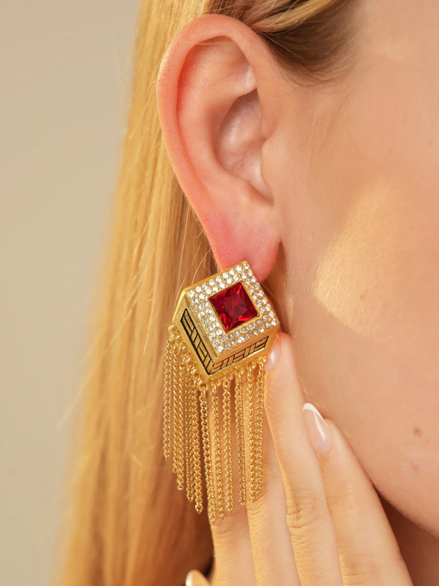 Audrey Tassel Chain Ruby Rhinestone Earrings - Image 2