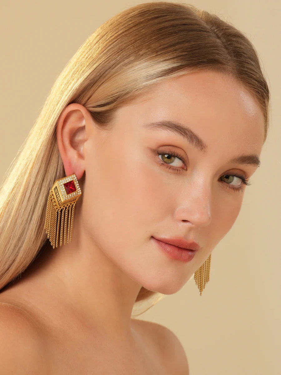 Audrey Tassel Chain Ruby Rhinestone Earrings - Image 3