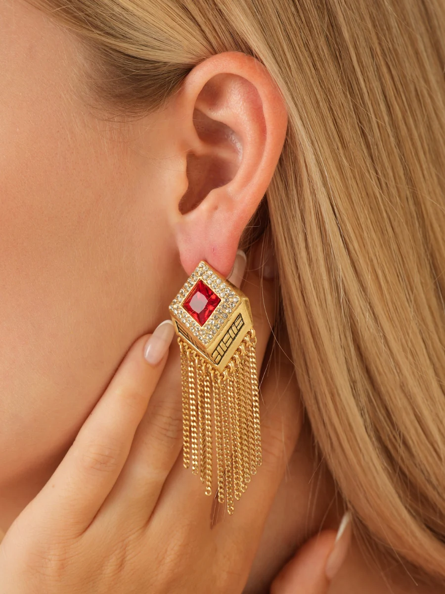 Audrey Tassel Chain Ruby Rhinestone Earrings - Image 4