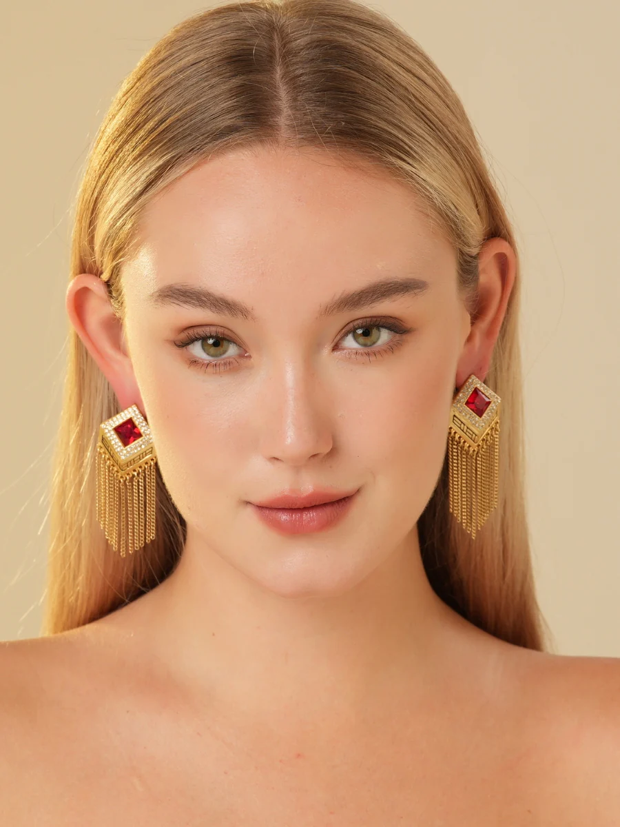Audrey Tassel Chain Ruby Rhinestone Earrings - Image 5