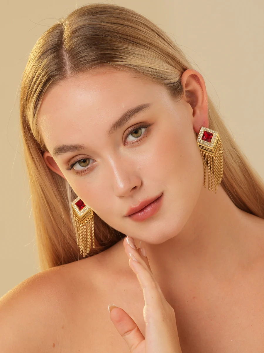Audrey Tassel Chain Ruby Rhinestone Earrings - Image 6