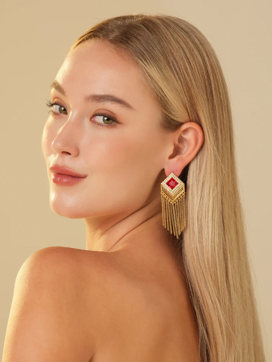 Audrey Tassel Chain Ruby Rhinestone Earrings - Image 7