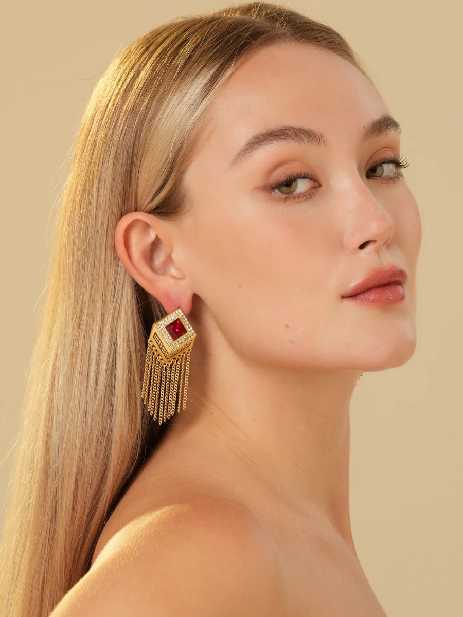 Audrey Tassel Chain Ruby Rhinestone Earrings - Image 8