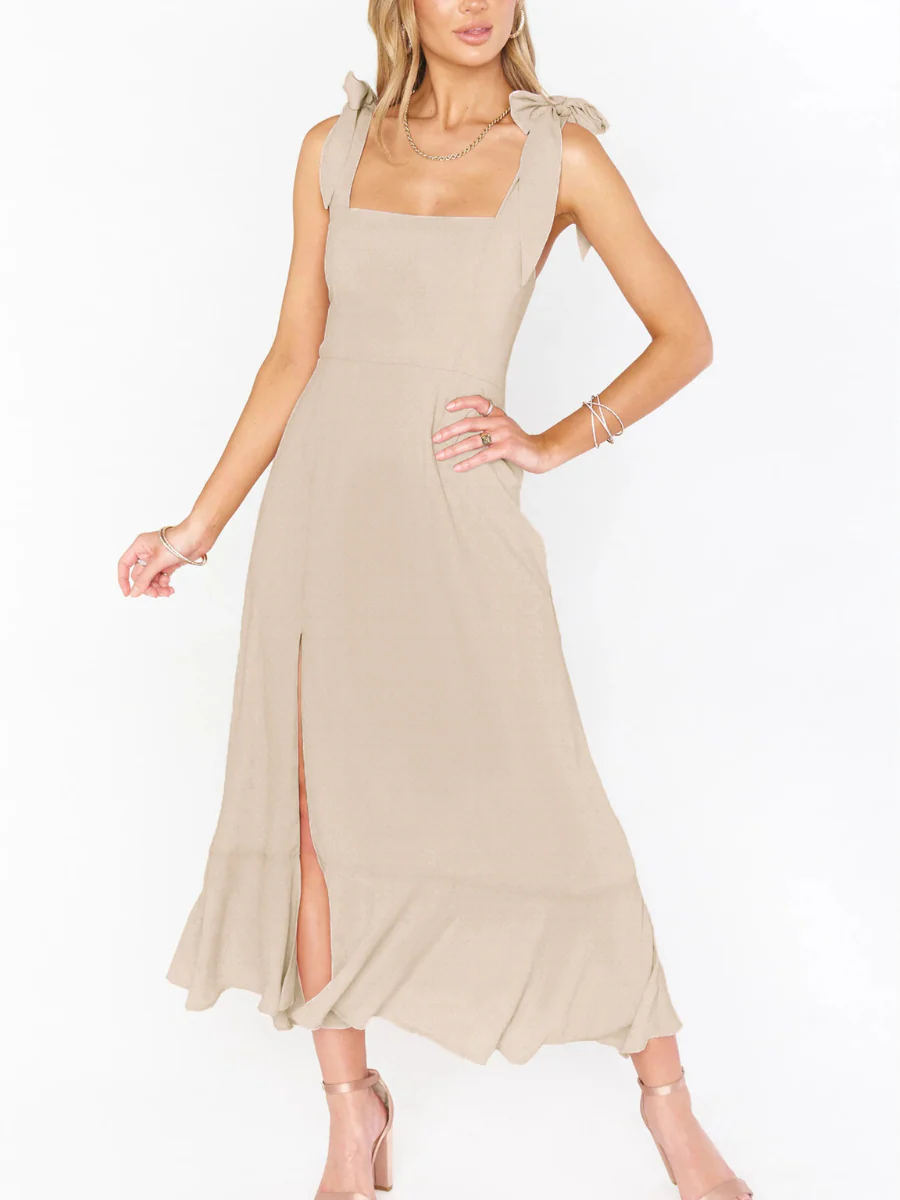 AVIANCA SHOULDER TIE BRIDAL MIDI DRESS - BEIGE - Image 4