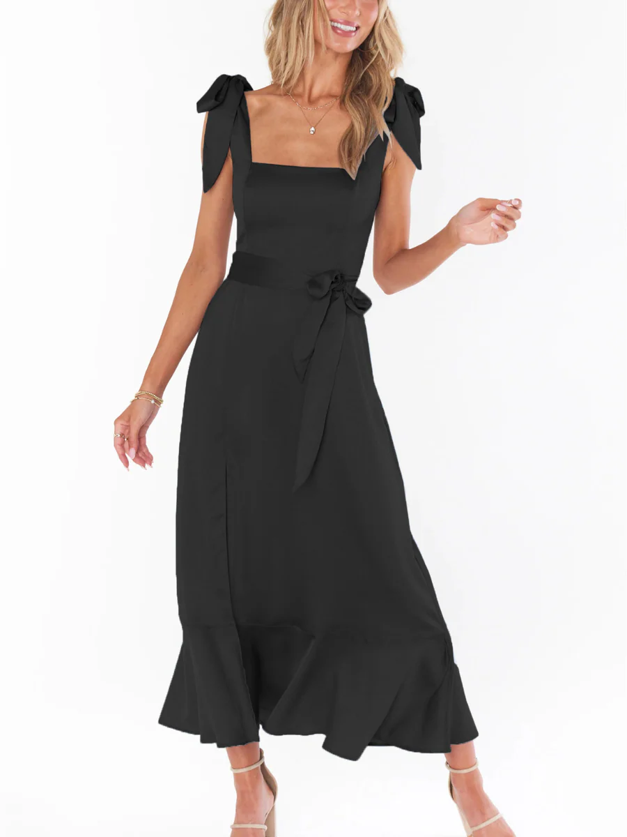 AVIANCA SHOULDER TIE BRIDAL MIDI DRESS - BLACK - Image 2