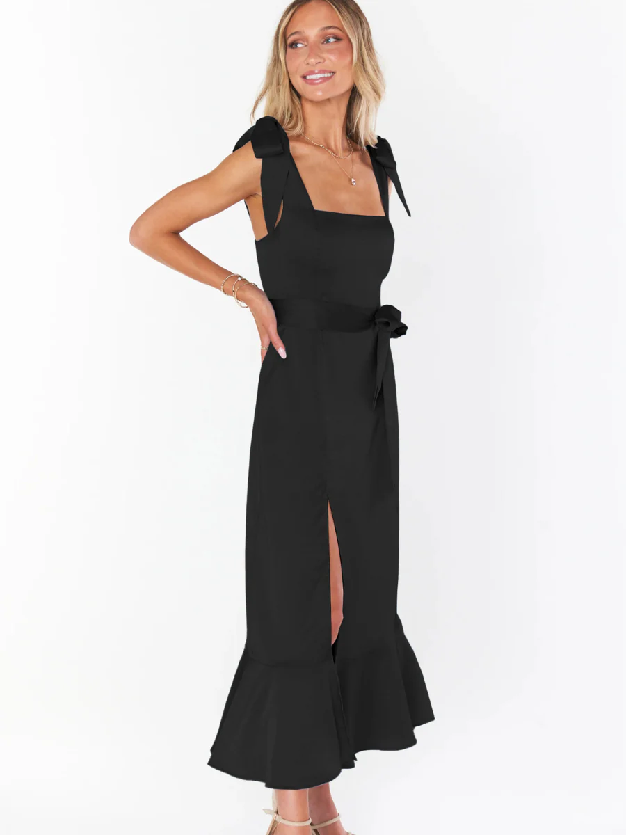 AVIANCA SHOULDER TIE BRIDAL MIDI DRESS - BLACK - Image 5