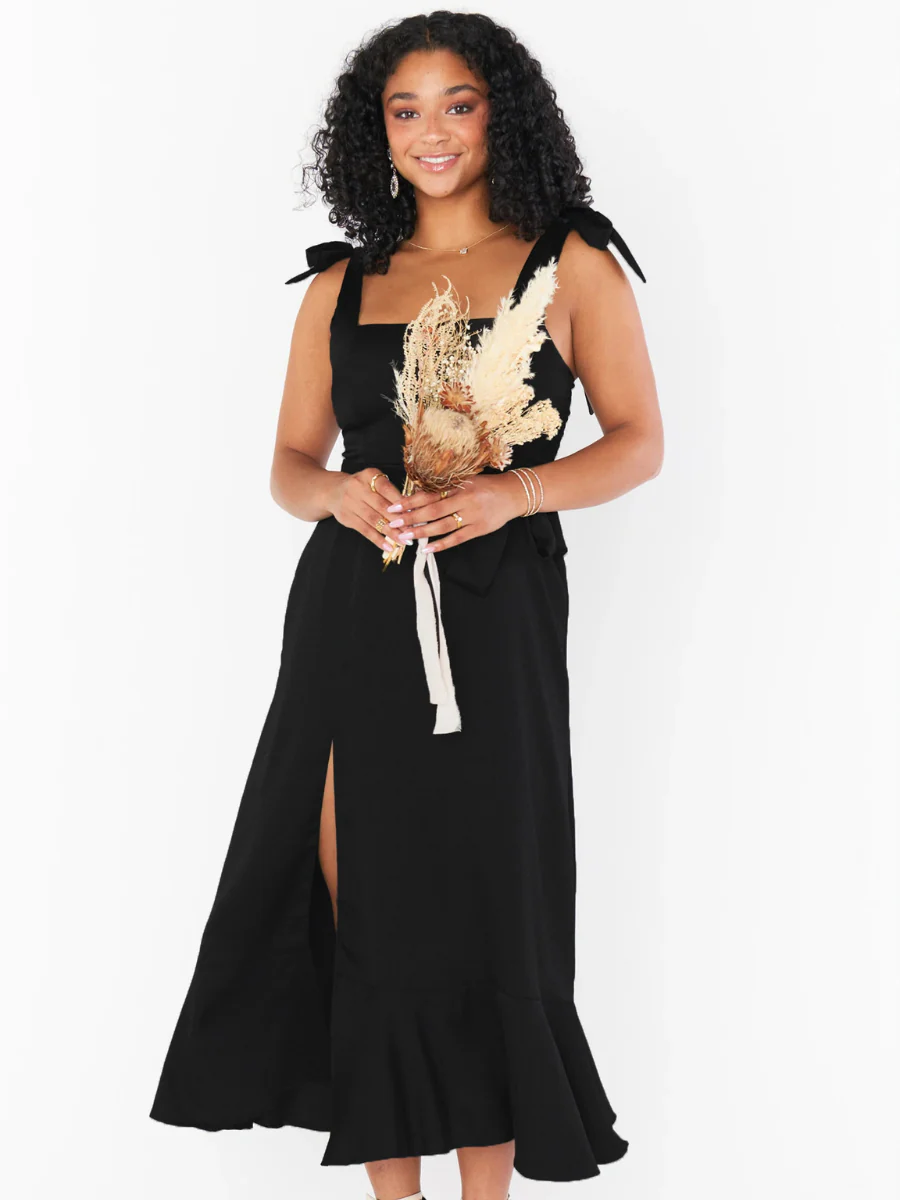 AVIANCA SHOULDER TIE BRIDAL MIDI DRESS - BLACK - Image 6