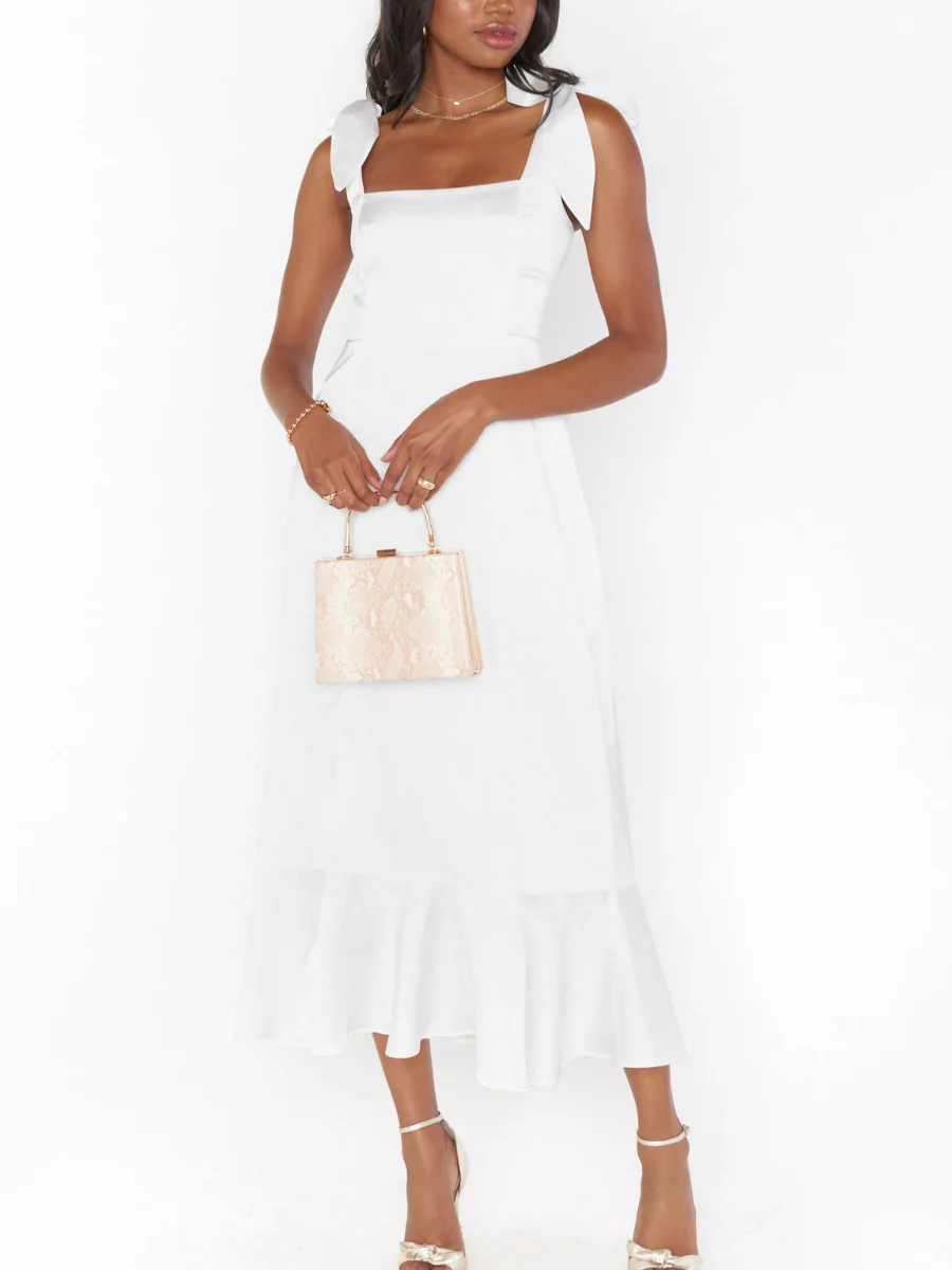 AVIANCA SHOULDER TIE BRIDAL MIDI DRESS - WHITE - Image 5