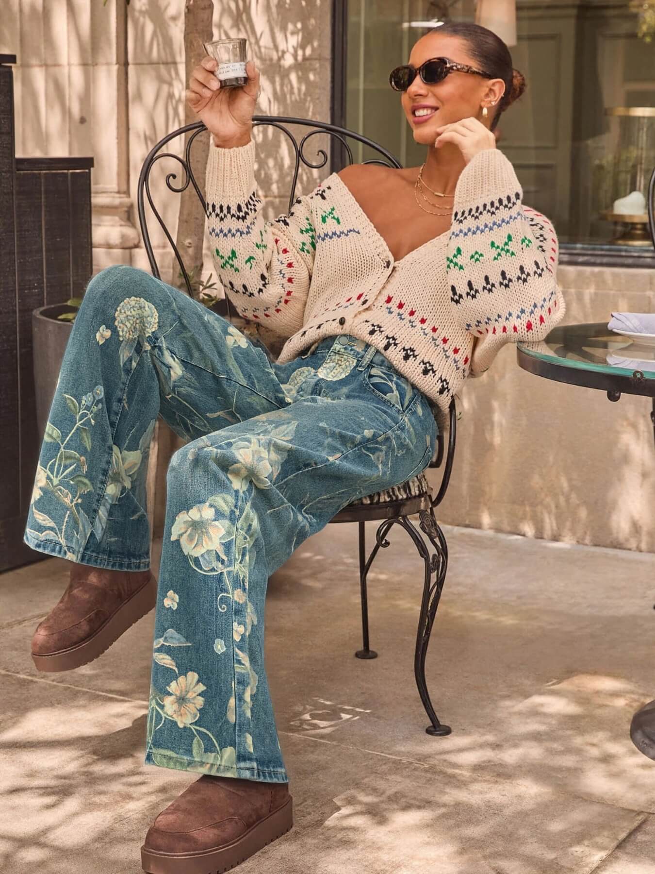 Avina Mid Rise Floral Stretch Flare Jeans - Image 3