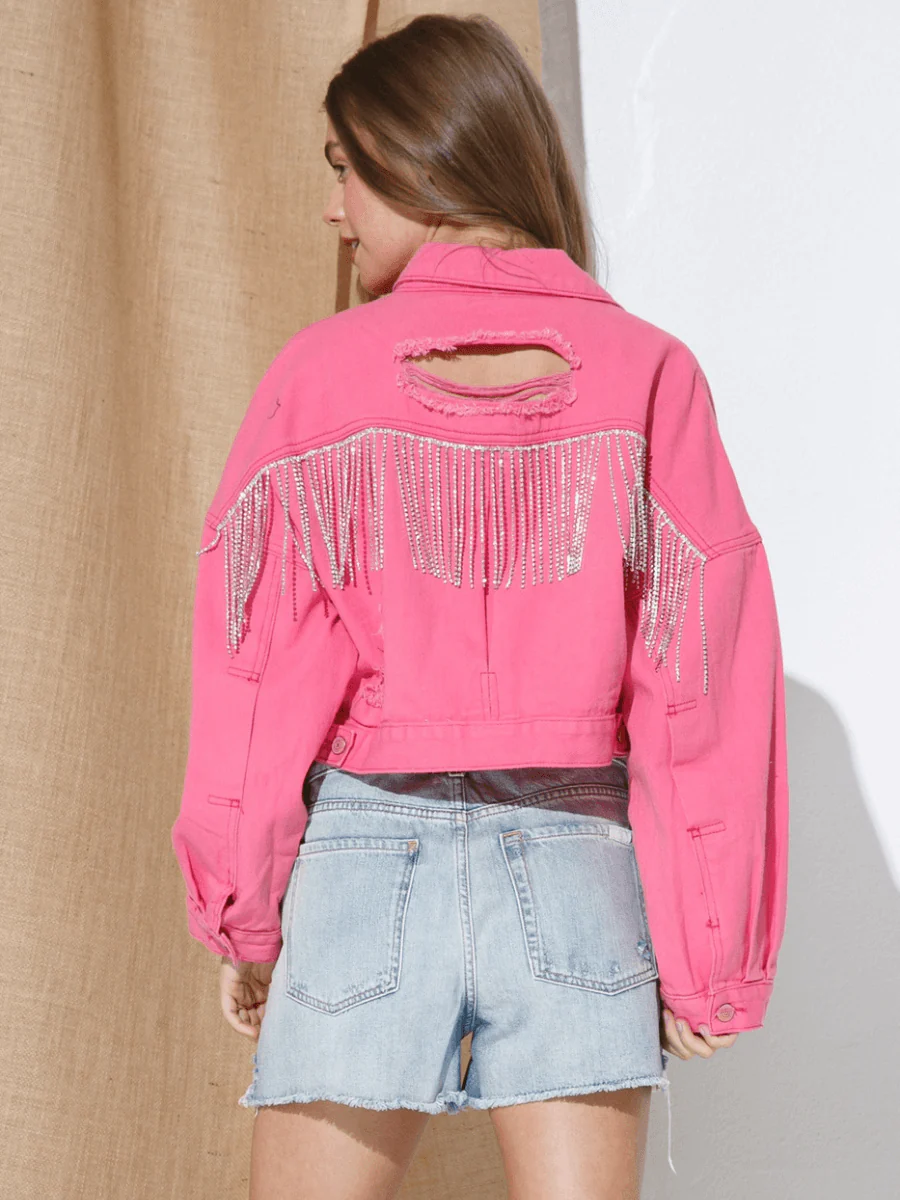 BACK TASSEL SEQUINS RIBBED DENIM JACKET - PINK - Image 6