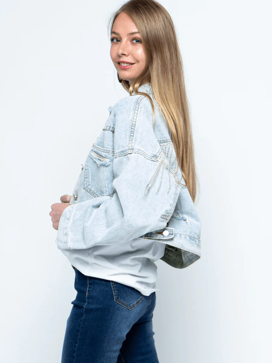 BACK TASSEL SEQUINS RIBBED DENIM JACKET - BLUE - Image 4