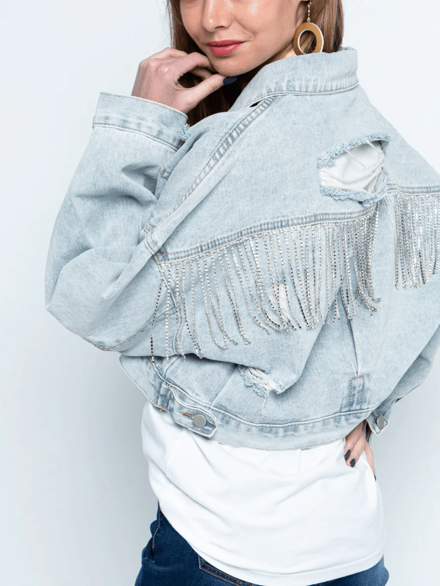 BACK TASSEL SEQUINS RIBBED DENIM JACKET - BLUE - Image 5