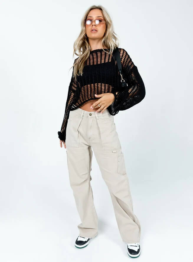 BAIZE CROCHET DOLMAN SWEATER - BLACK - Image 3