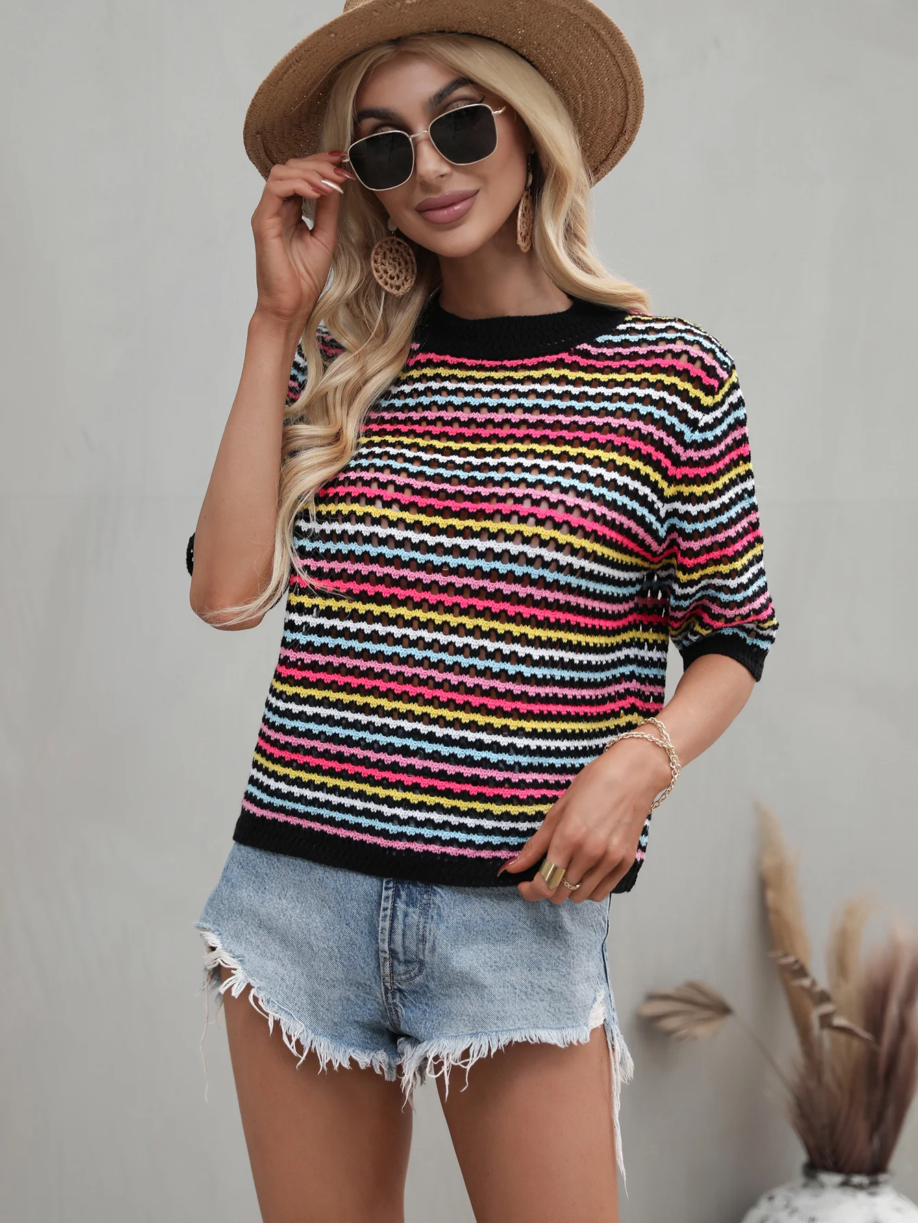 BEE CROCHET KNIT TOP - BLACK - Image 5