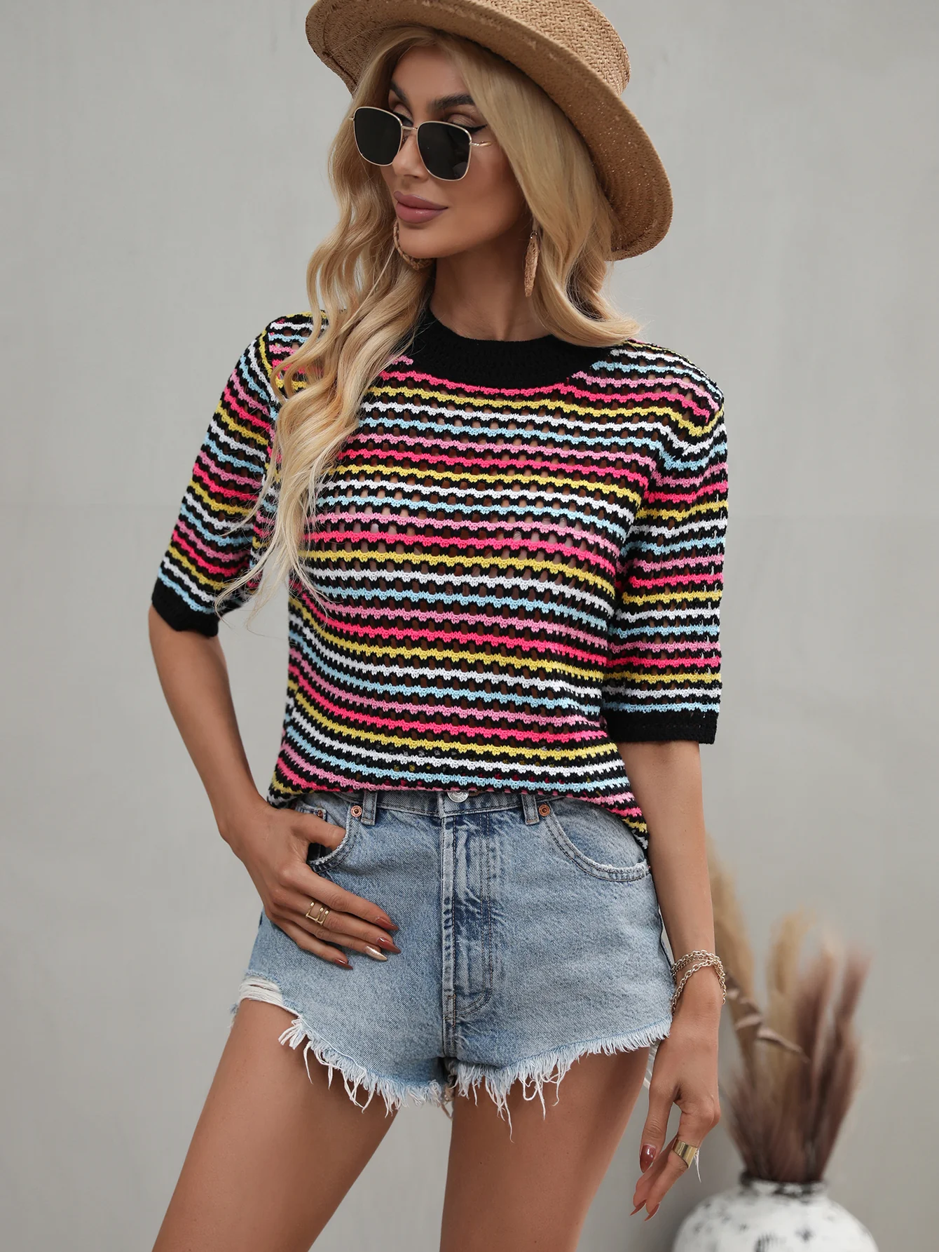 BEE CROCHET KNIT TOP - BLACK - Image 6