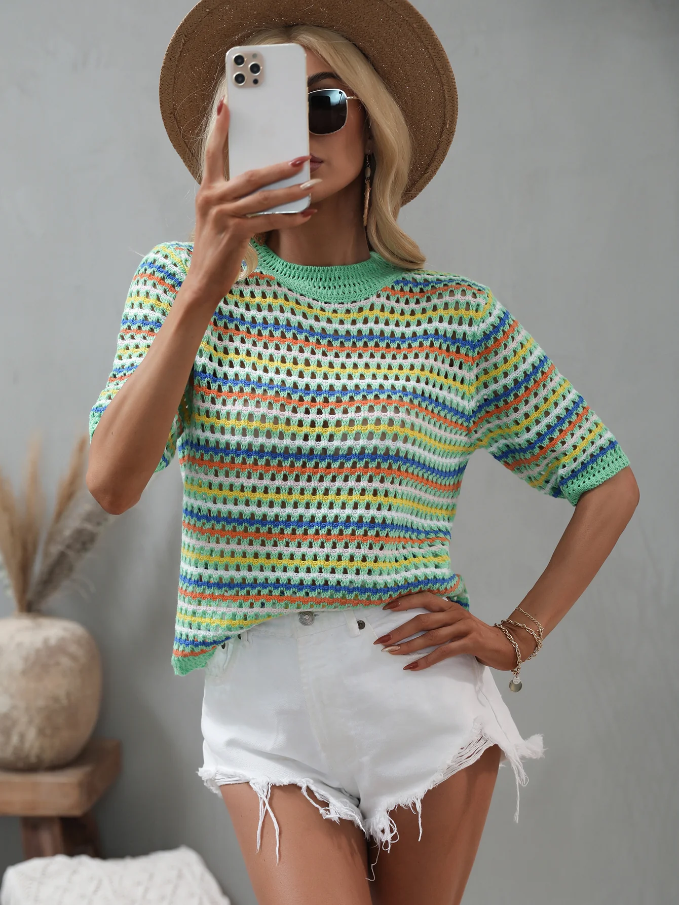 BEE CROCHET KNIT TOP - GREEN - Image 6