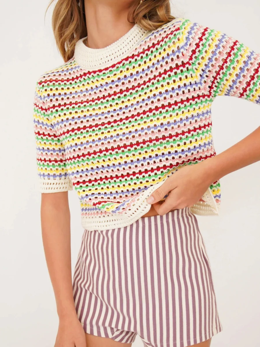BEE CROCHET KNIT TOP - MULTI STRIP - Image 2