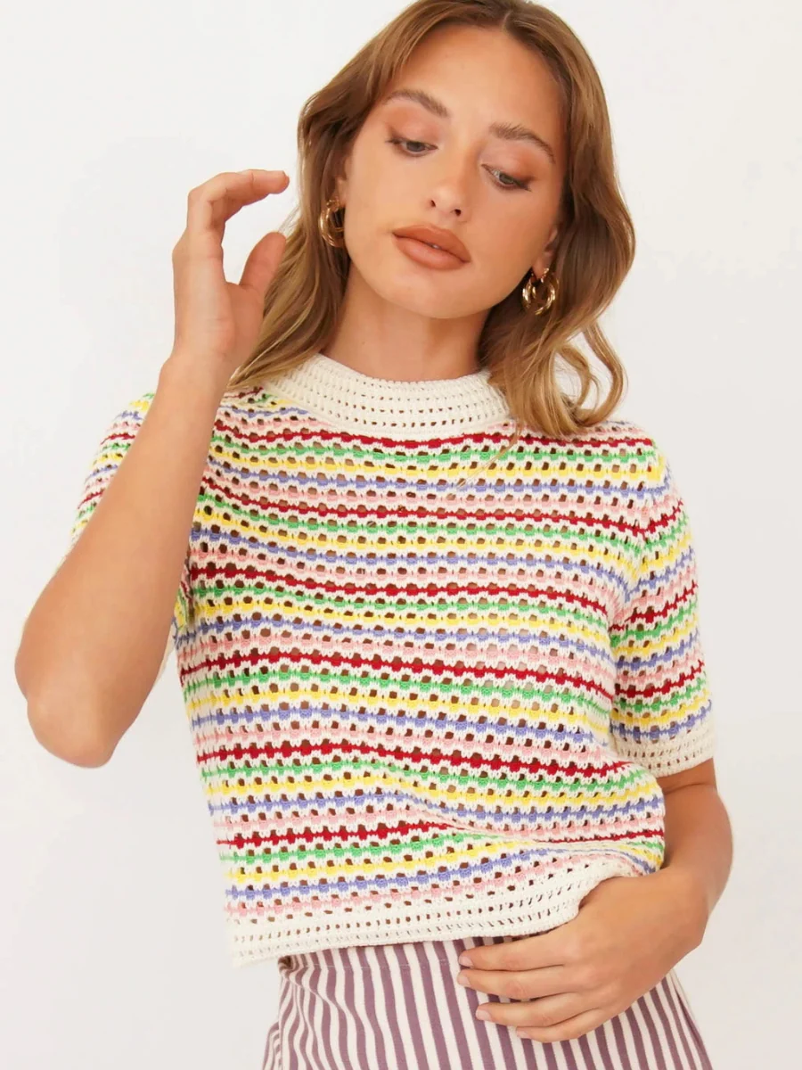 BEE CROCHET KNIT TOP - MULTI STRIP - Image 4