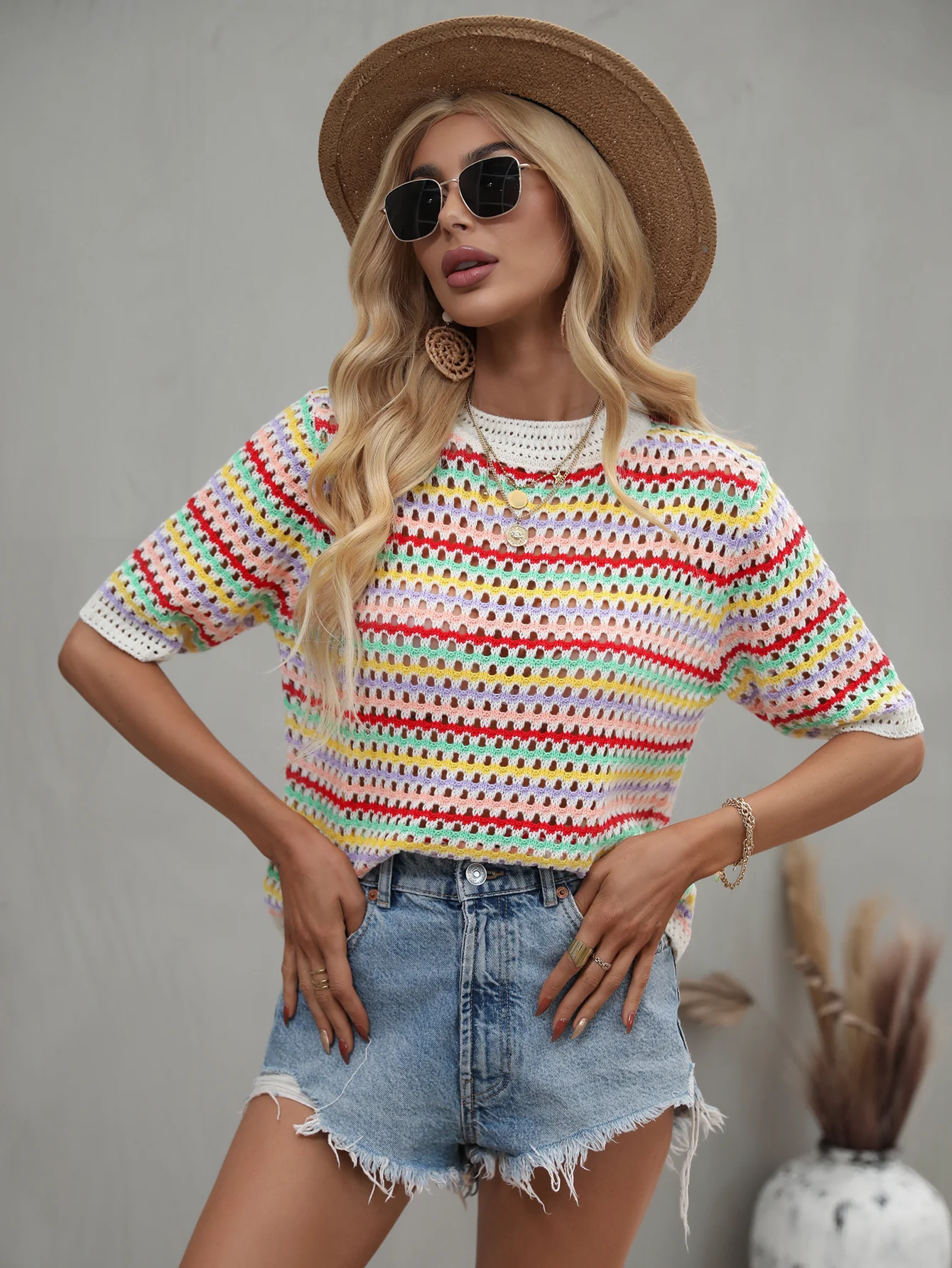 BEE CROCHET KNIT TOP - MULTI STRIP - Image 8