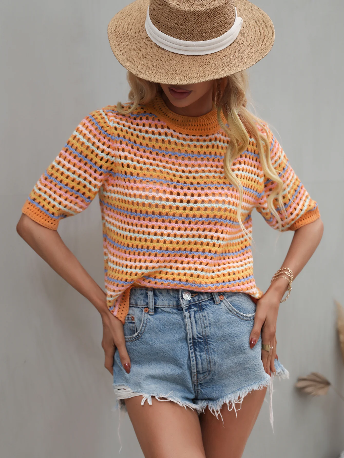 BEE CROCHET KNIT TOP - ORANGE STRIP