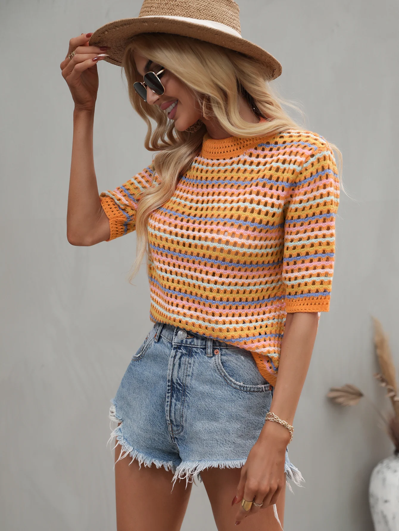 BEE CROCHET KNIT TOP - ORANGE STRIP - Image 2