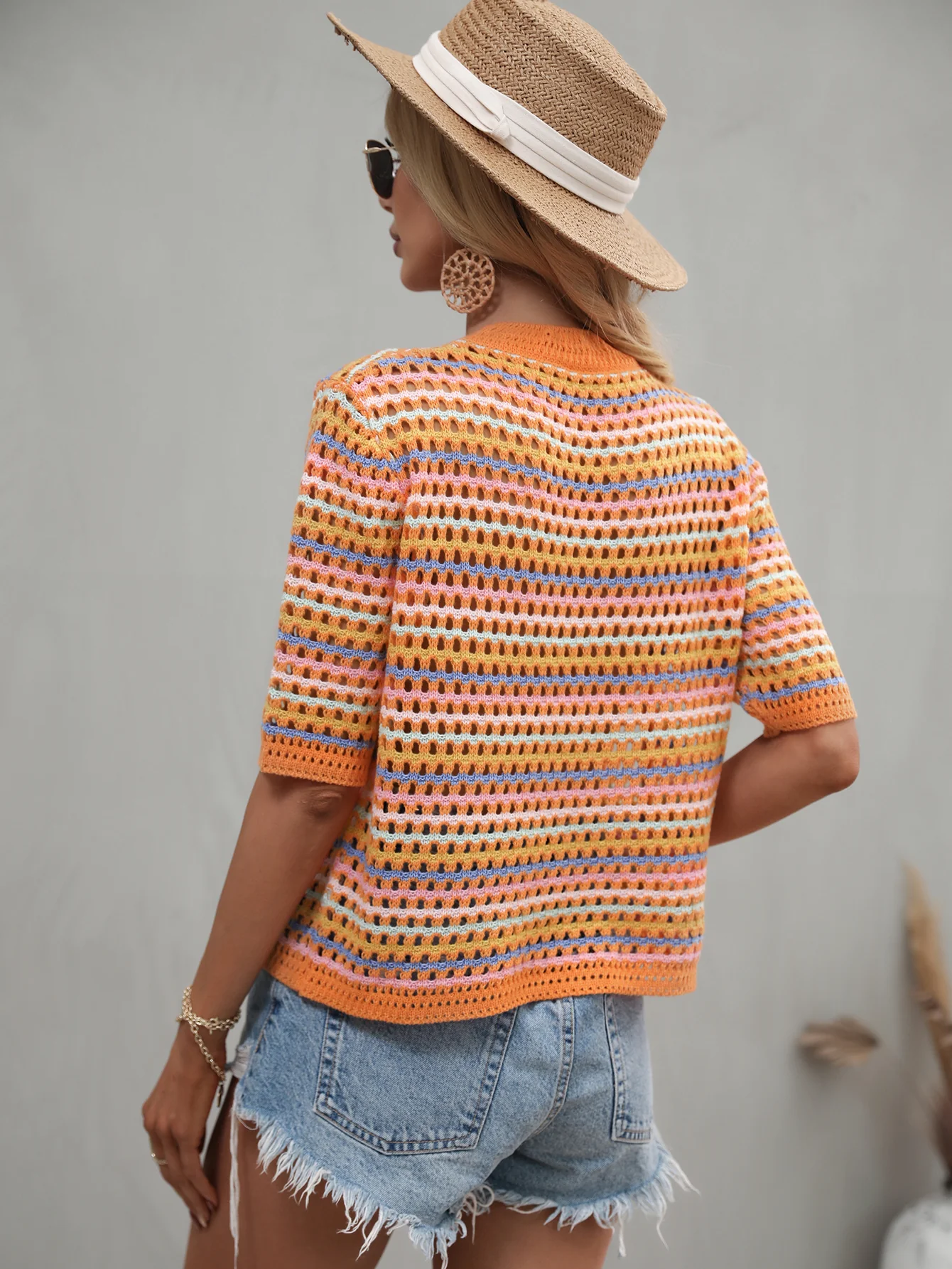 BEE CROCHET KNIT TOP - ORANGE STRIP - Image 3