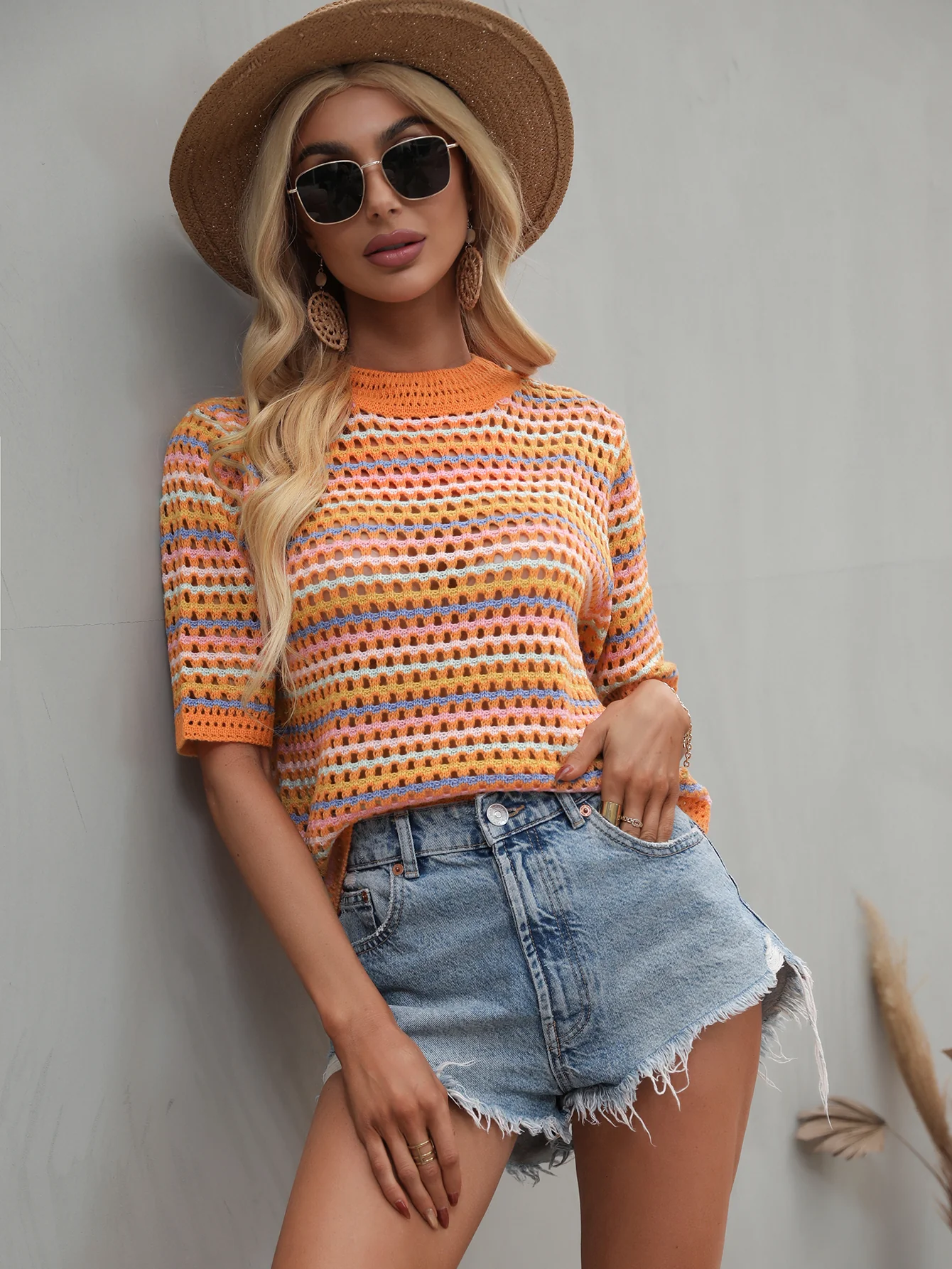 BEE CROCHET KNIT TOP - ORANGE STRIP - Image 4
