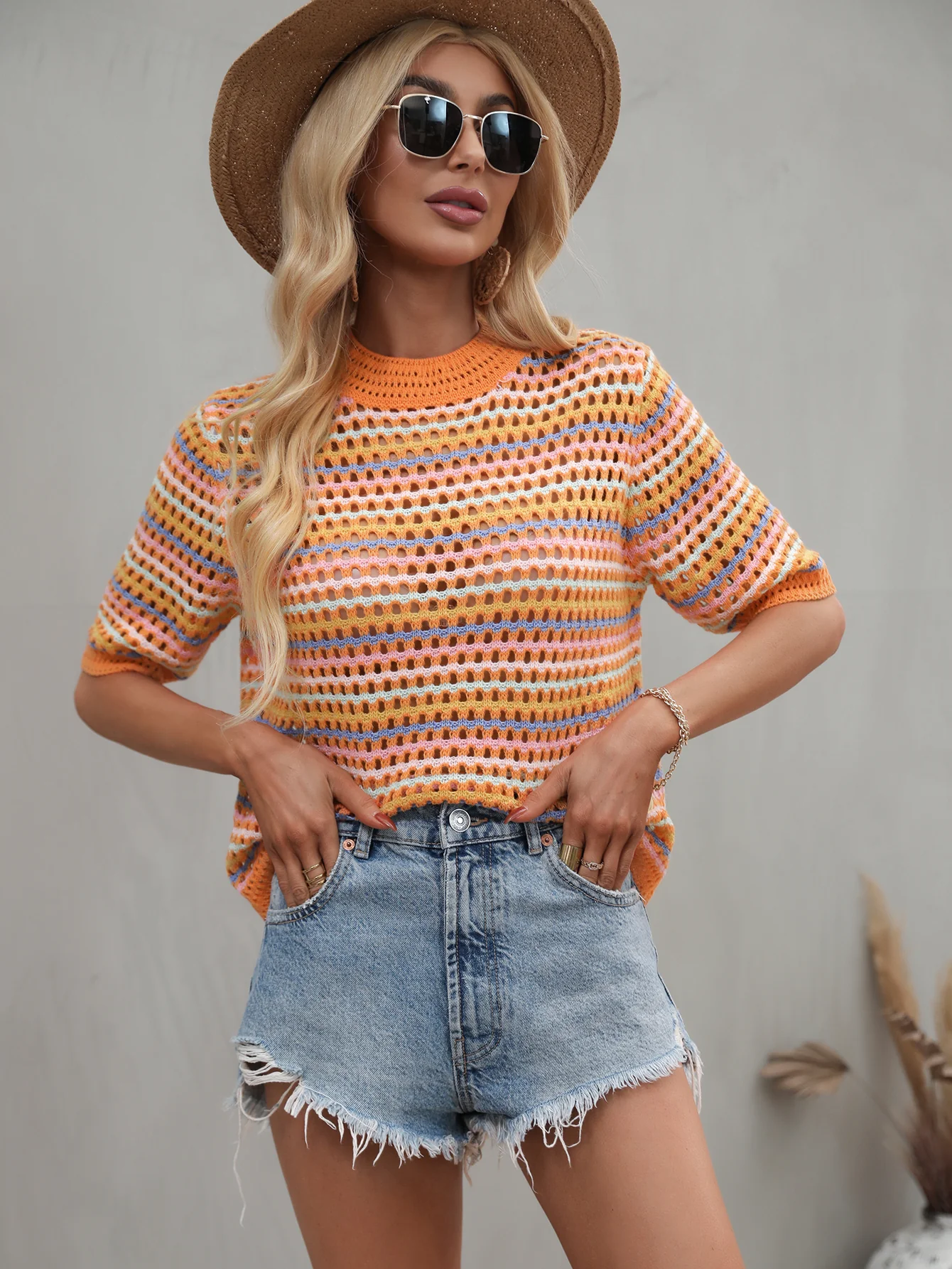 BEE CROCHET KNIT TOP - ORANGE STRIP - Image 5